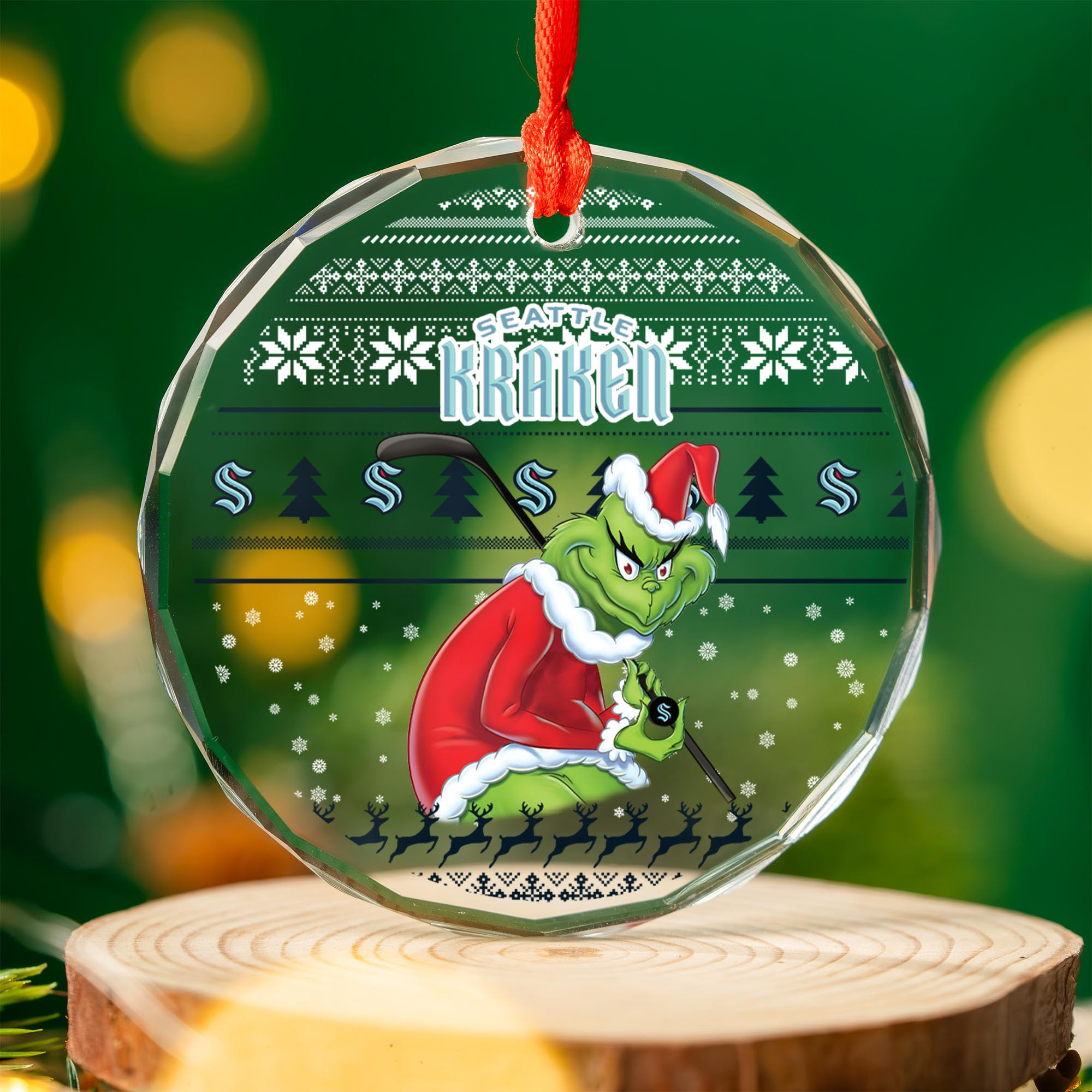 Sportswearmerch Seattle Kraken NHL x Grinch Christmas Glass Ornament For Fans