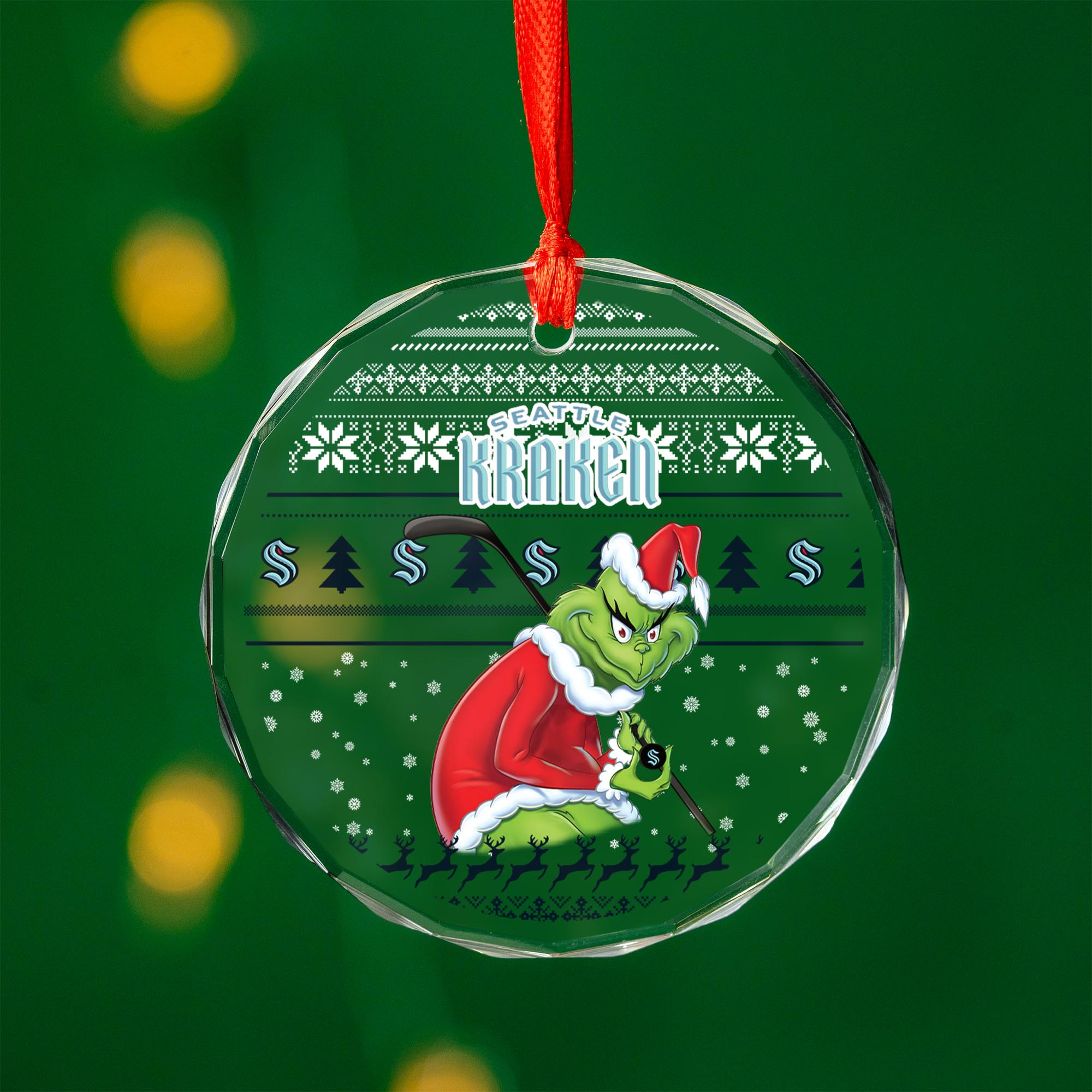Sportswearmerch Seattle Kraken NHL x Grinch Christmas Glass Ornament For Fans