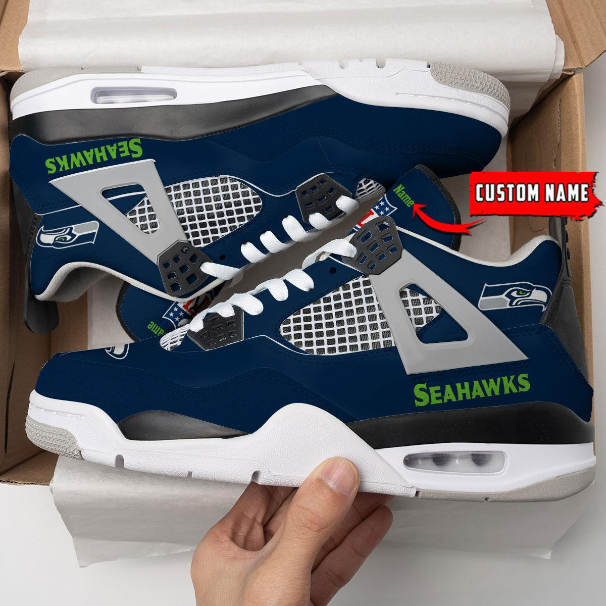 Sportswearmerch Seattle Seahawks NFL Personalized Air Jordan 4 AJ4 Sneakers Shoes For Men And Women