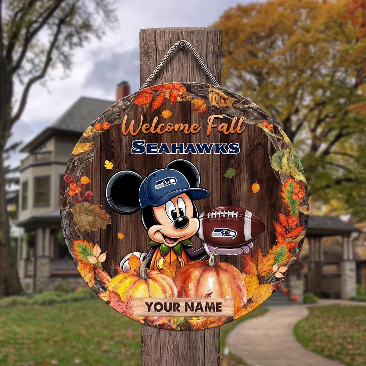 Sportswearmerch Seattle Seahawks NFL x Mickey Round Wooden Sign For Fan