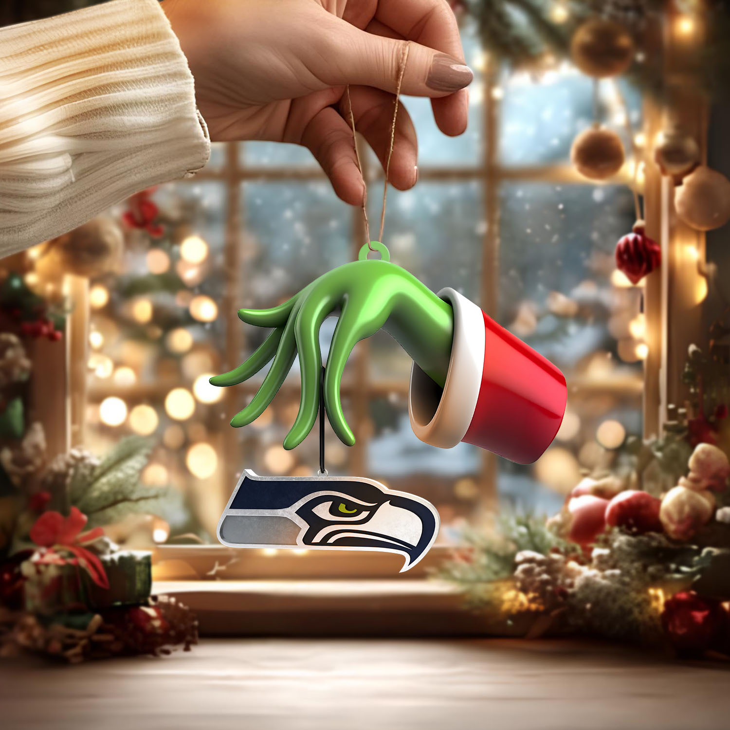 Sportswearmerch Seattle Seahawks NFL x The Grinch Christmas Acrylic Mix Wooden Ornament Gift For Fans