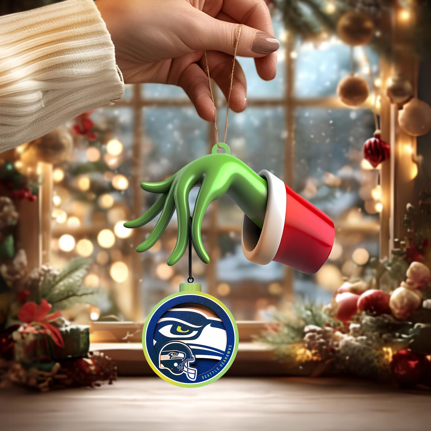Sportswearmerch Seattle Seahawks NFL x The Grinch Christmas Acrylic Mix Wooden Ornament Gift For Fans