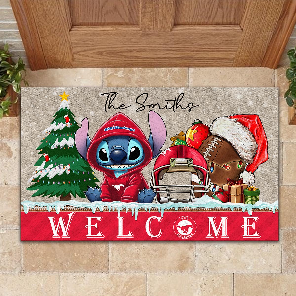 Sportswearmerch SMU Mustangs NCAA x Cute Stitch Christmas Doormat For Fan