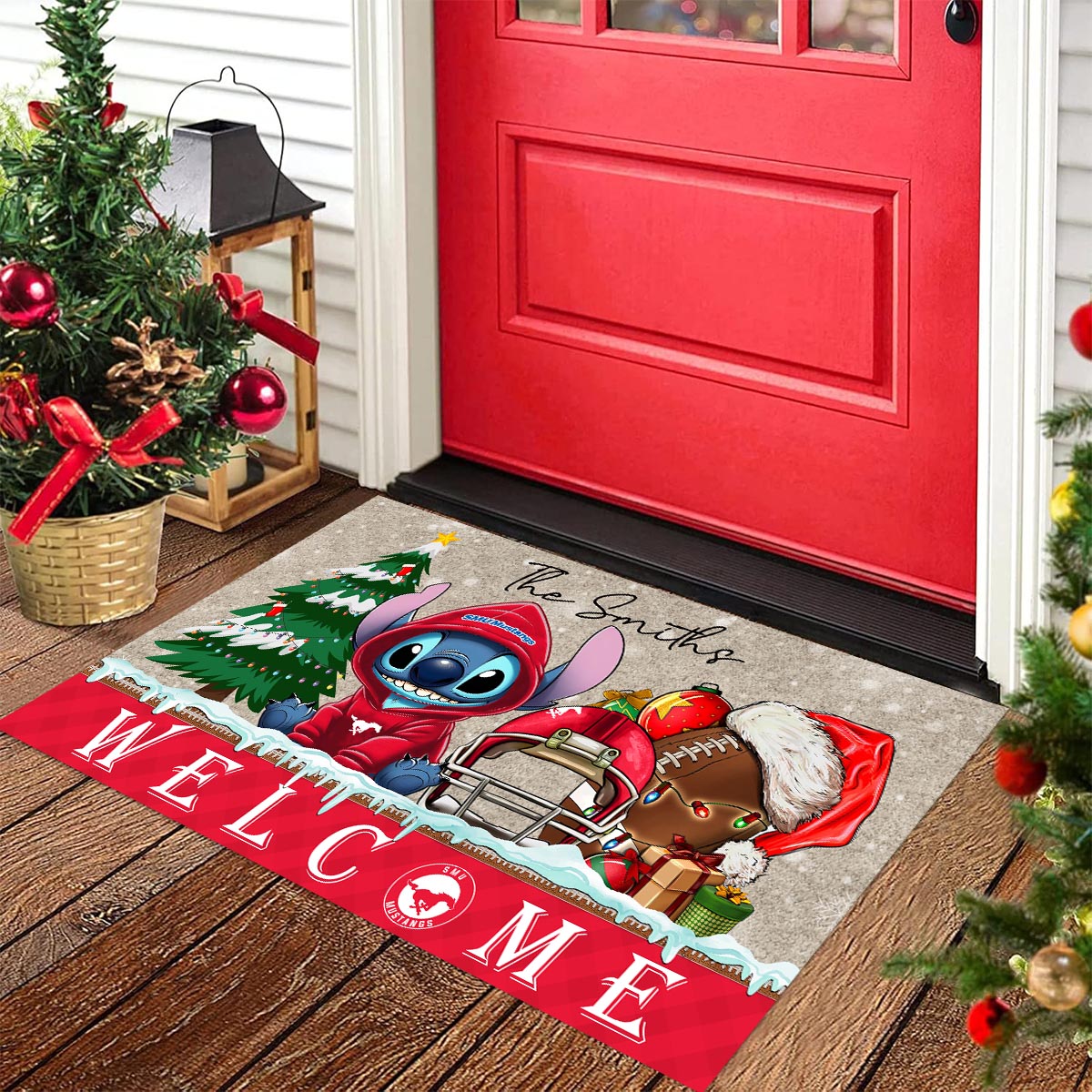 Sportswearmerch SMU Mustangs NCAA x Cute Stitch Christmas Doormat For Fan