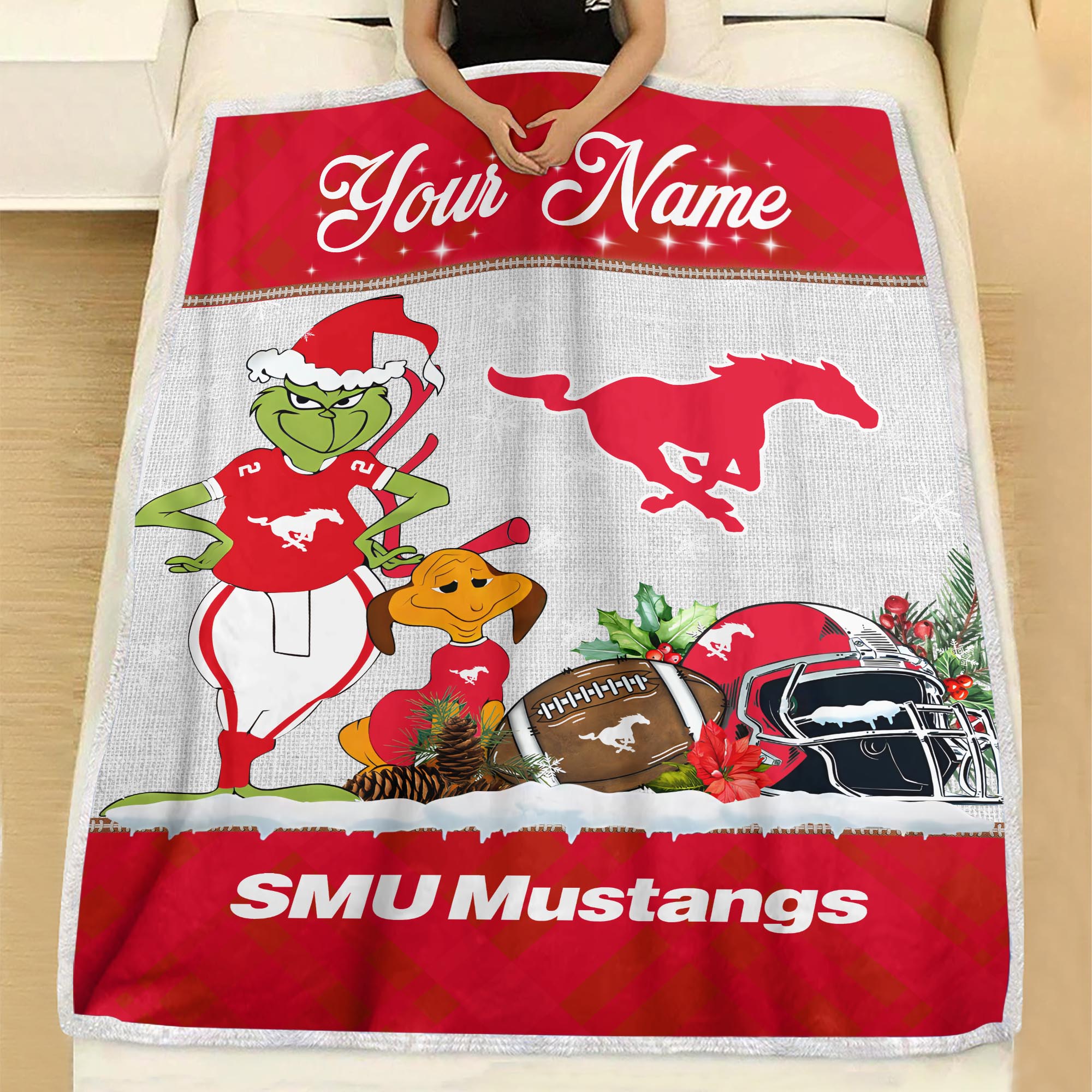 Sportswearmerch SMU Mustangs NCAA x Grinch Christmas Fleece Blanket For Fan