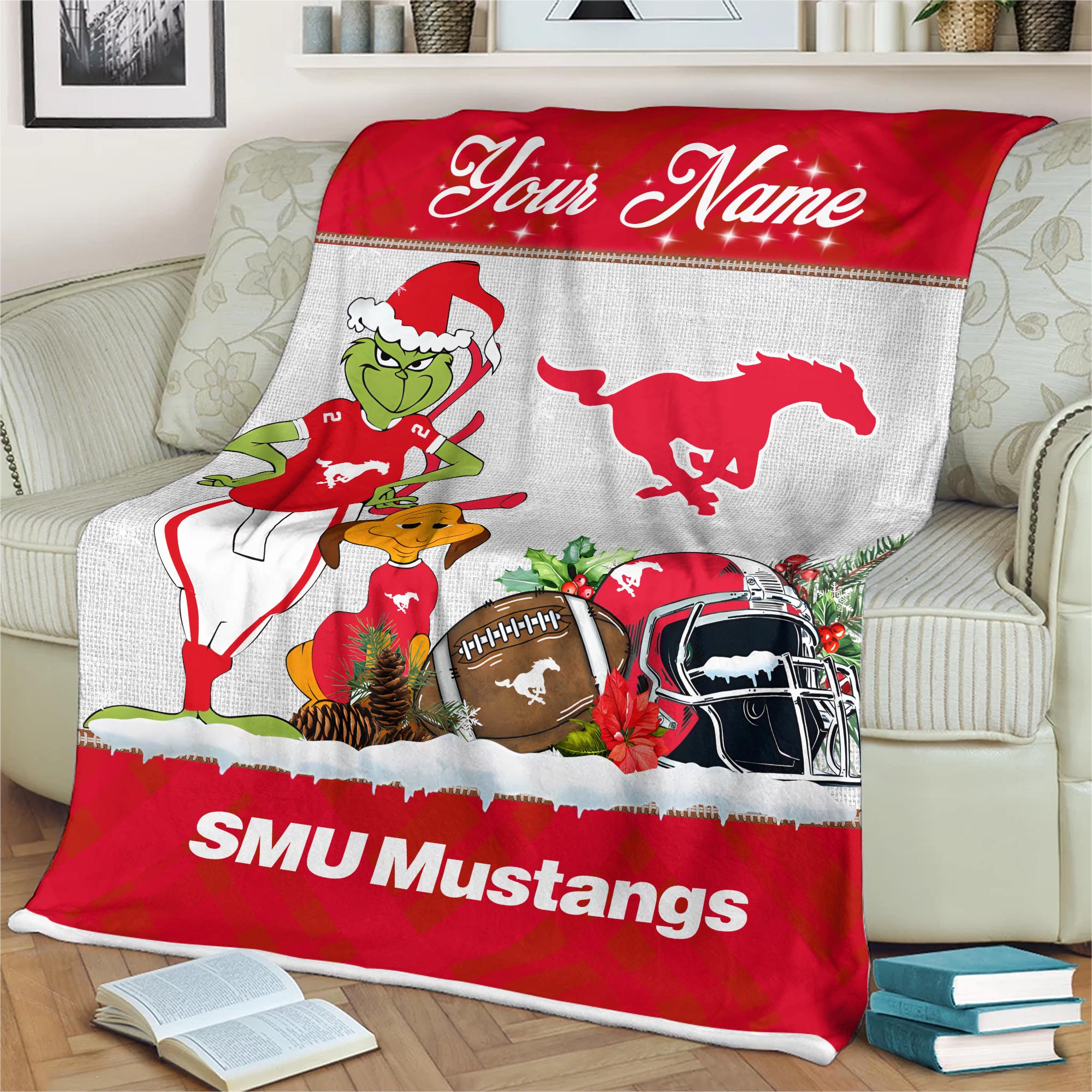 Sportswearmerch SMU Mustangs NCAA x Grinch Christmas Fleece Blanket For Fan