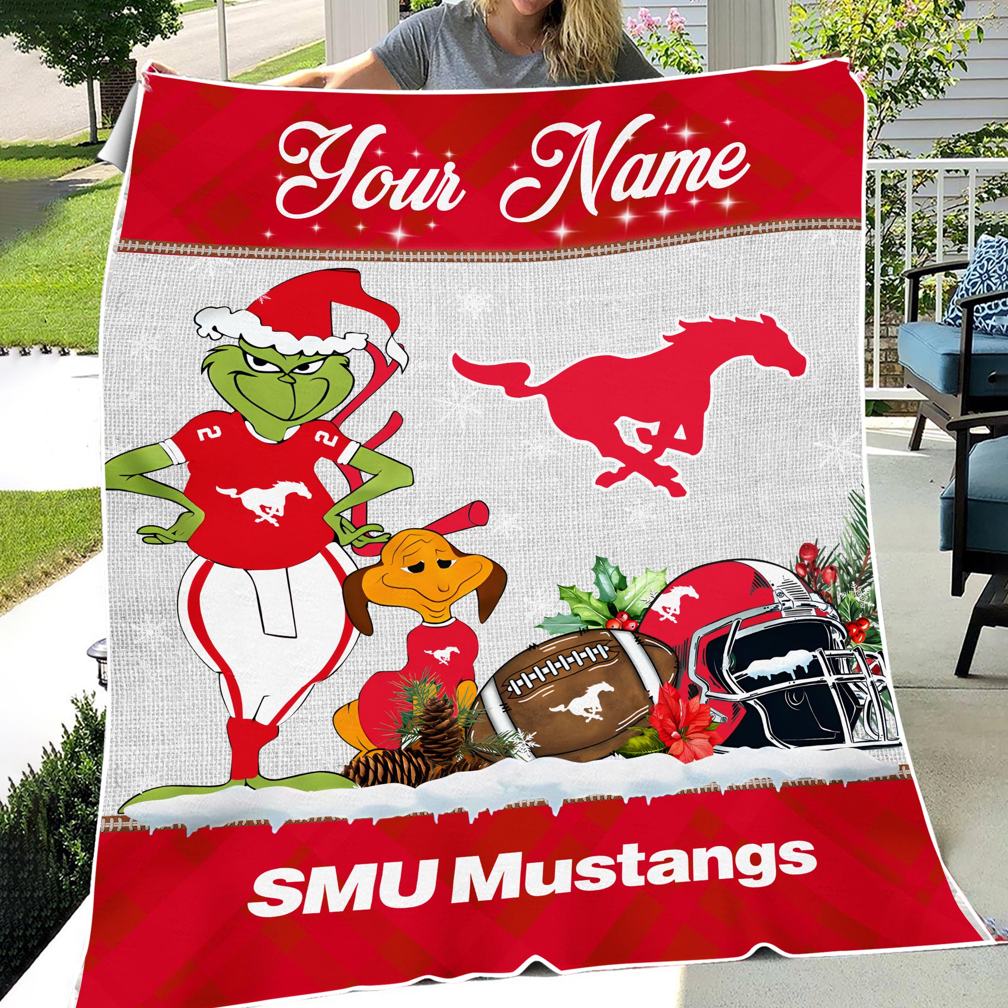 Sportswearmerch SMU Mustangs NCAA x Grinch Christmas Fleece Blanket For Fan