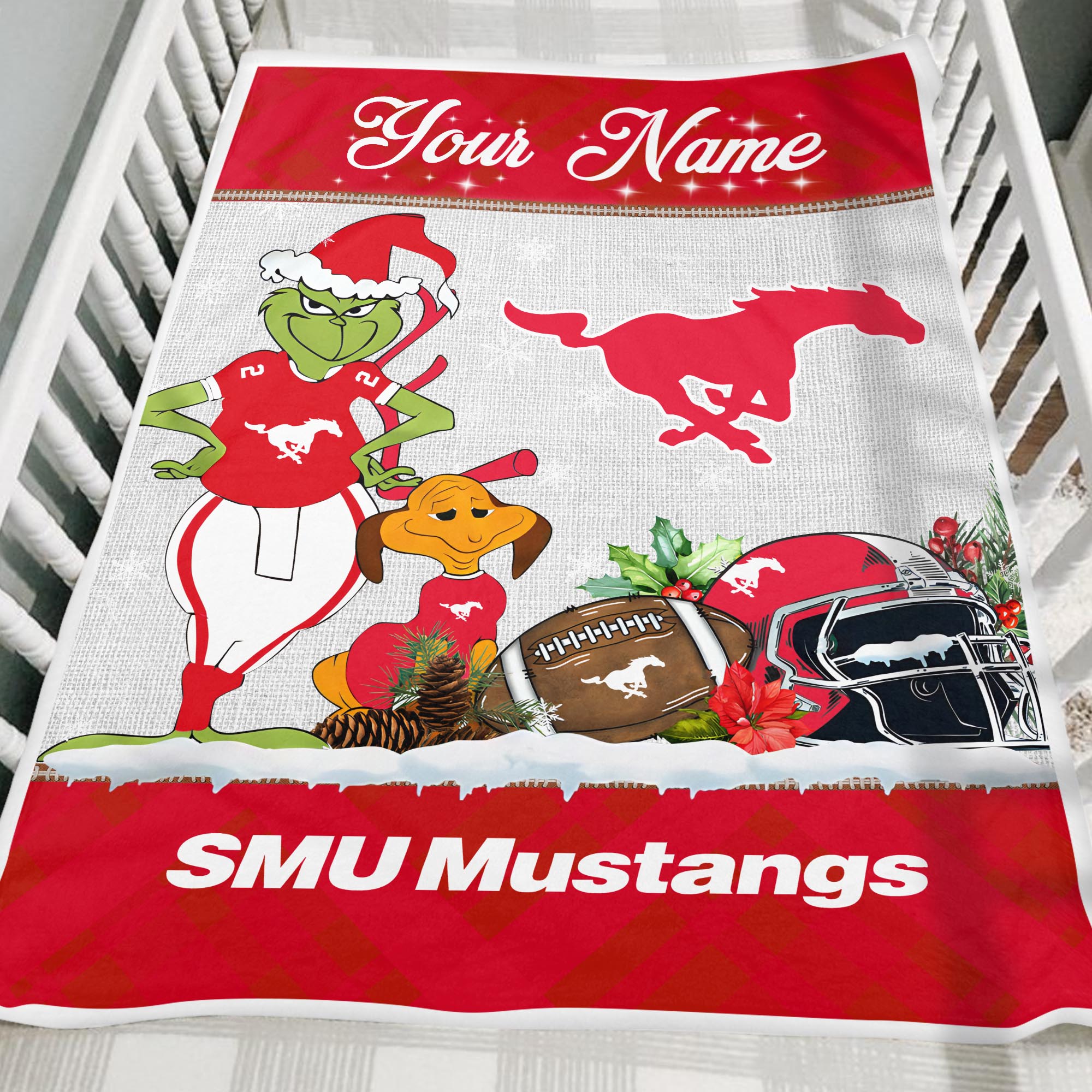 Sportswearmerch SMU Mustangs NCAA x Grinch Christmas Fleece Blanket For Fan