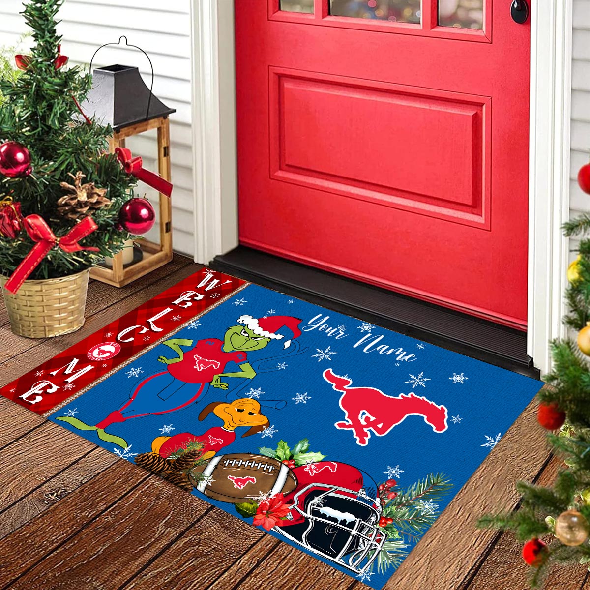 Sportswearmerch SMU Mustangs NCAA x Grinch Christmas Welcome Football Doormat For Fan