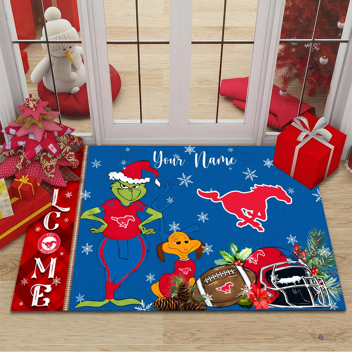 Sportswearmerch SMU Mustangs NCAA x Grinch Christmas Welcome Football Doormat For Fan
