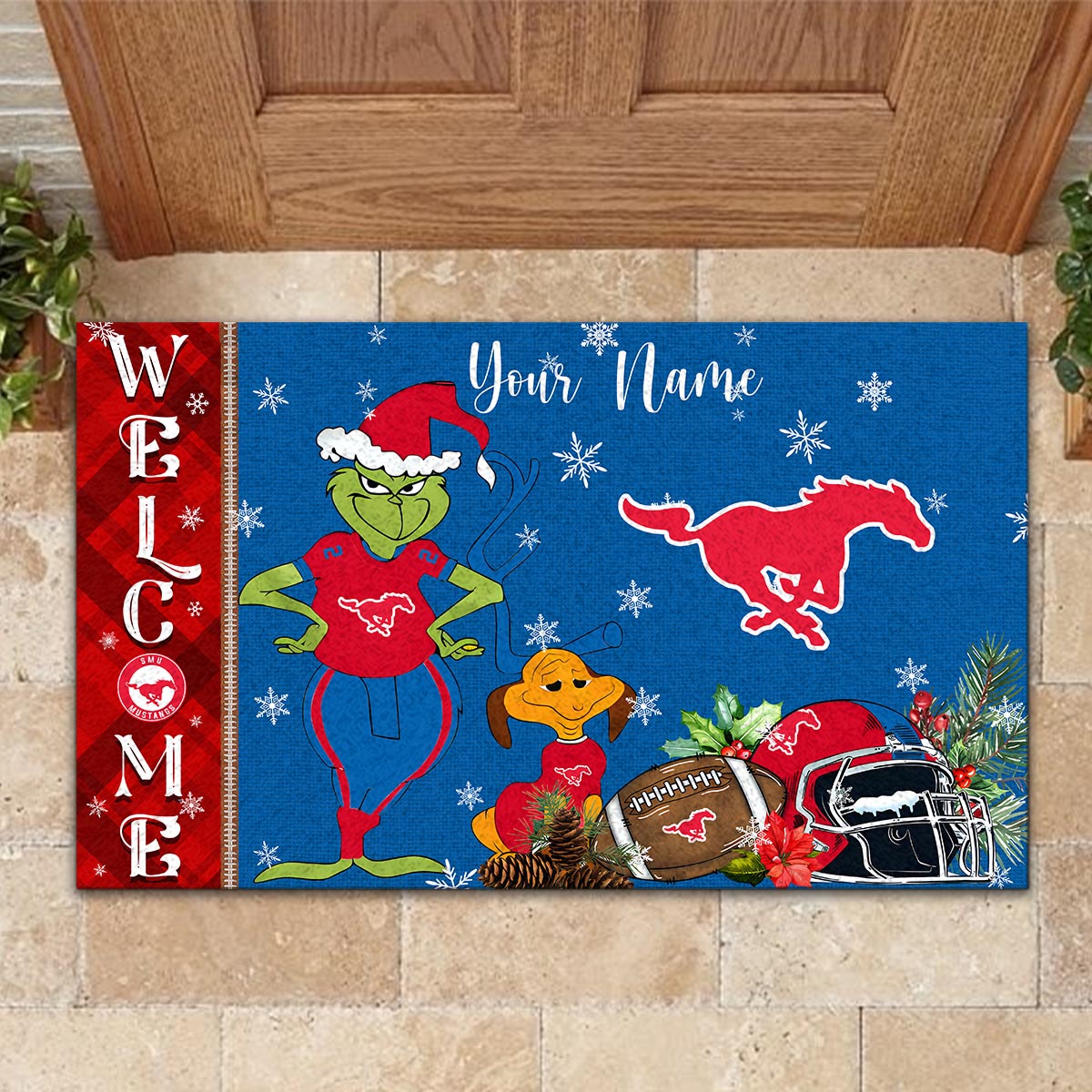 Sportswearmerch SMU Mustangs NCAA x Grinch Christmas Welcome Football Doormat For Fan