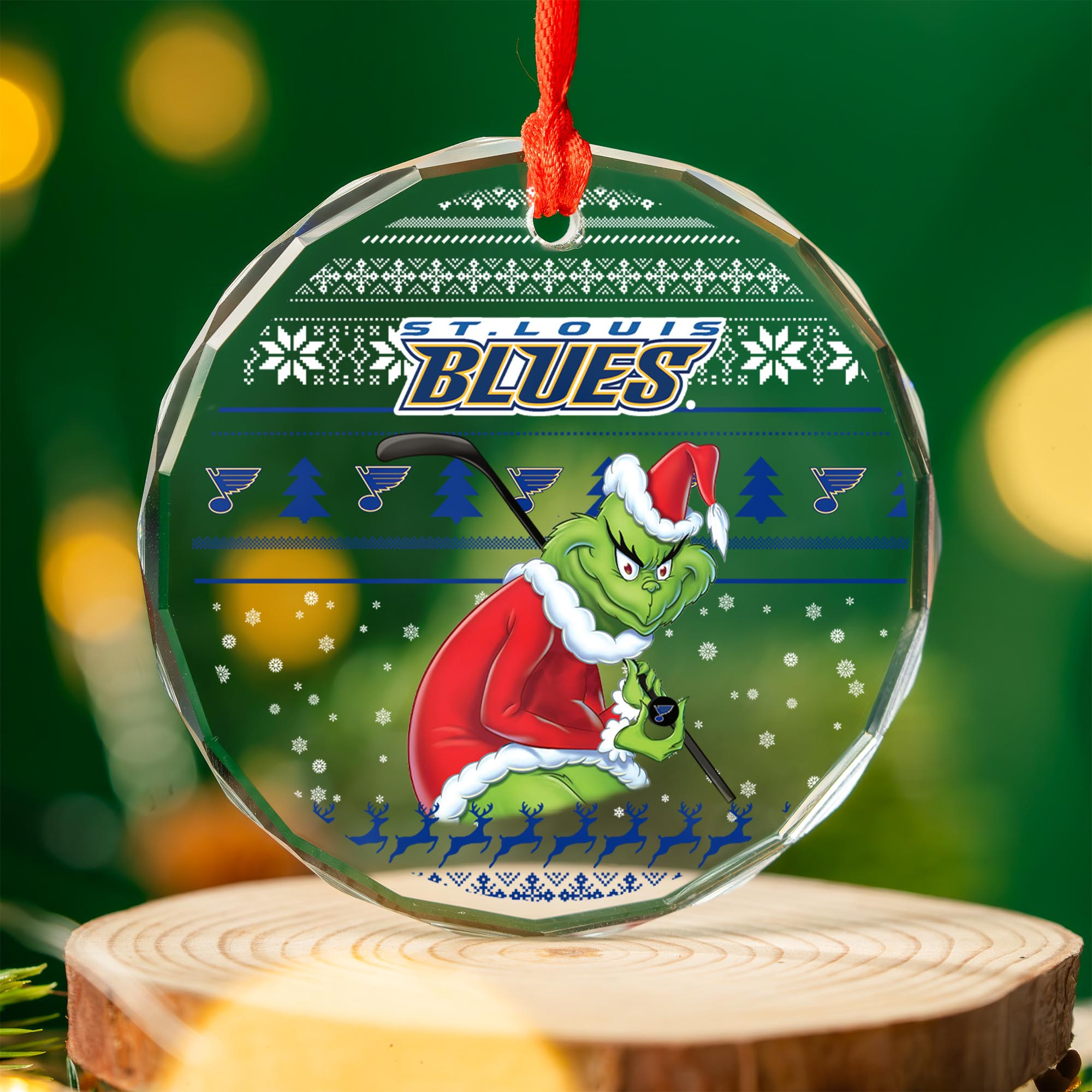 Sportswearmerch St. Louis Blues NHL x Grinch Christmas Glass Ornament For Fans