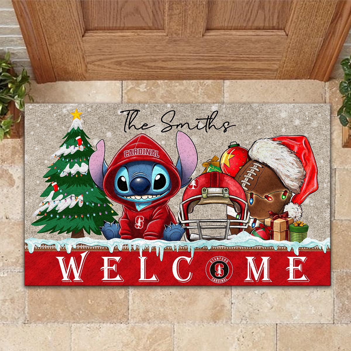 Sportswearmerch Stanford Cardinal NCAA x Cute Stitch Christmas Doormat For Fan