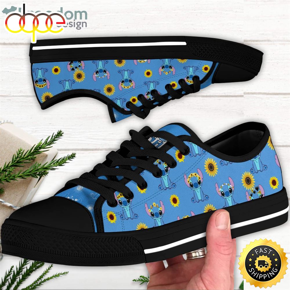 Sportswearmerch Stitch Sunflowers Blue Black White Disney Cartoon Sneakers Low Top Canvas Sneakers Shoes For Men And Women