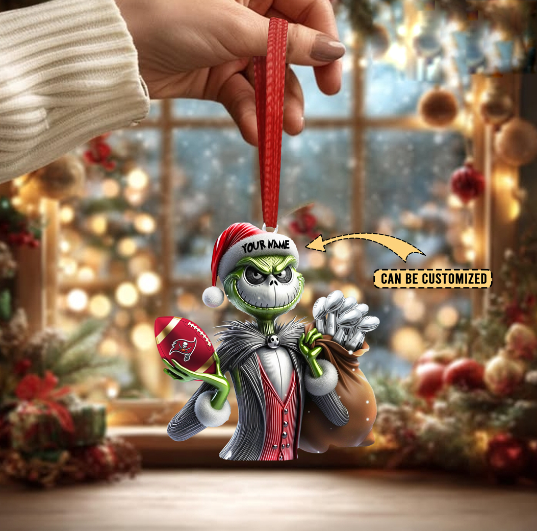 Sportswearmerch Tampa Bay Buccaneers NFL The Grinch x Jack x Christmas Acrylic Ornament Gift For Fan