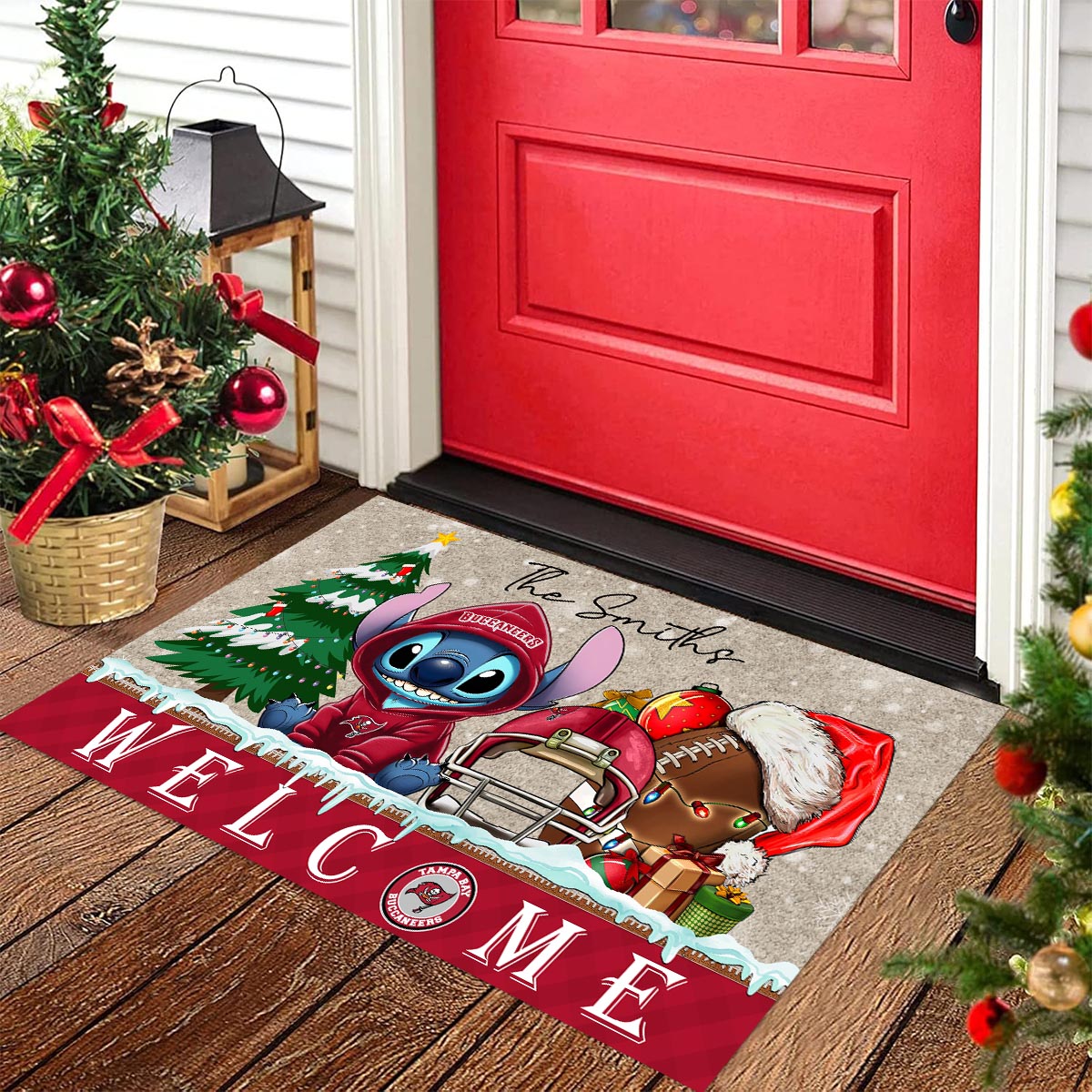 Sportswearmerch Tampa Bay Buccaneers NFL x Cute Stitch Christmas Doormat For Fan