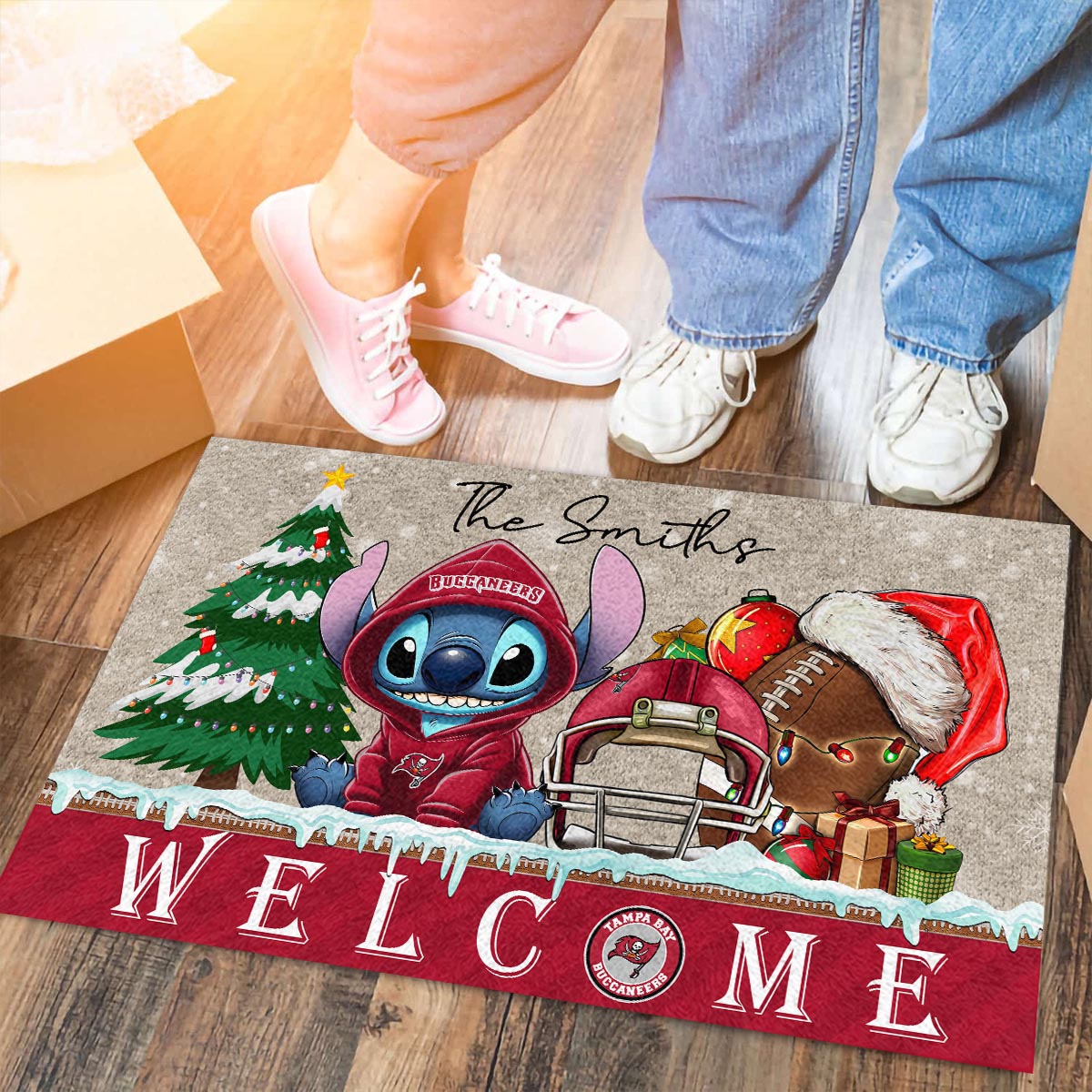 Sportswearmerch Tampa Bay Buccaneers NFL x Cute Stitch Christmas Doormat For Fan