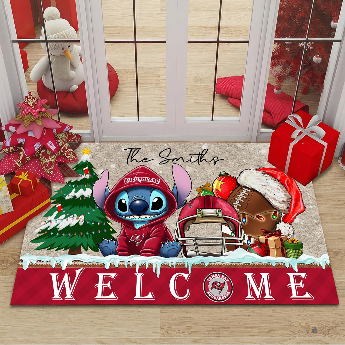 Sportswearmerch Tampa Bay Buccaneers NFL x Cute Stitch Christmas Doormat For Fan