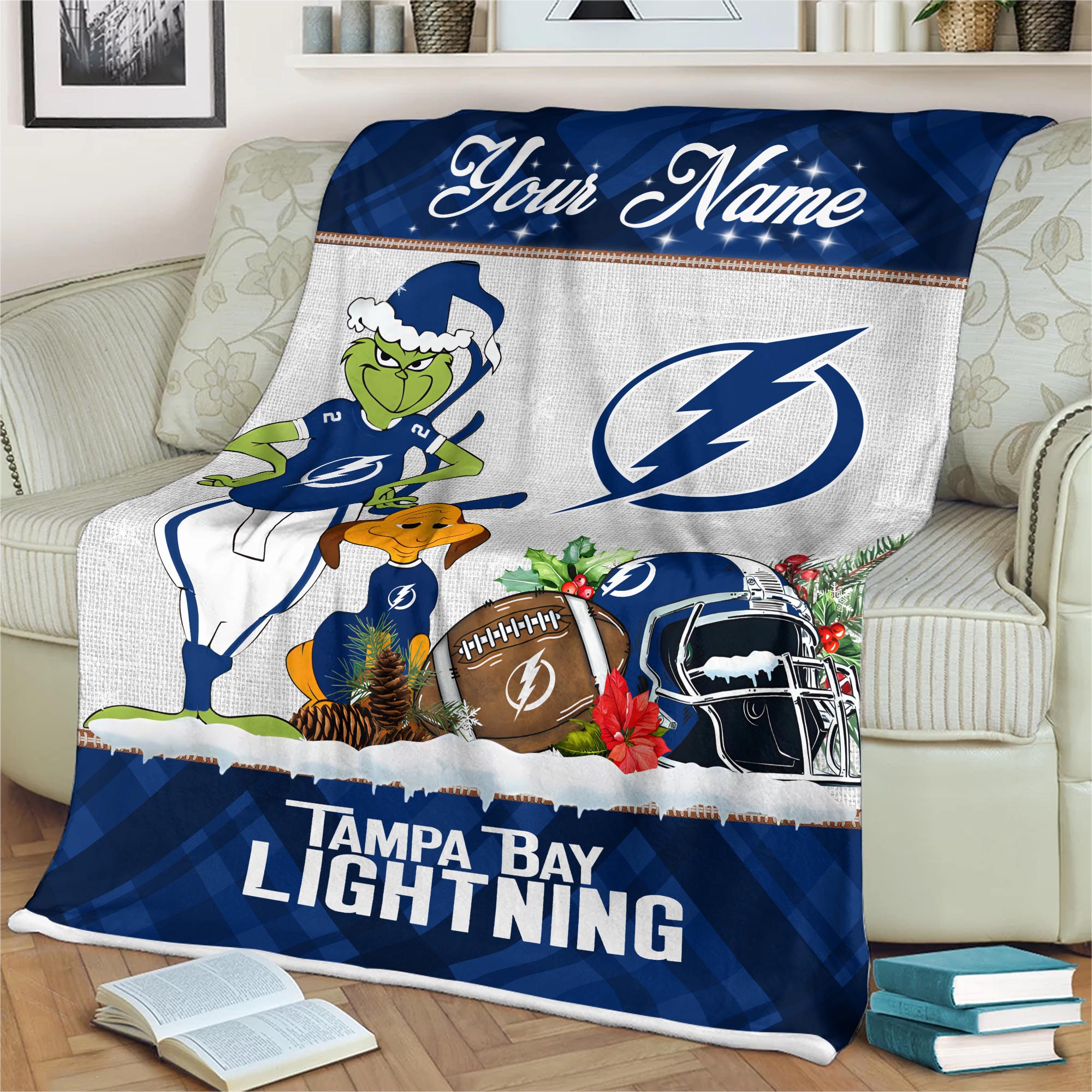 Sportswearmerch Tampa Bay Lightning NHL x Grinch Christmas Fleece Blanket For Fan