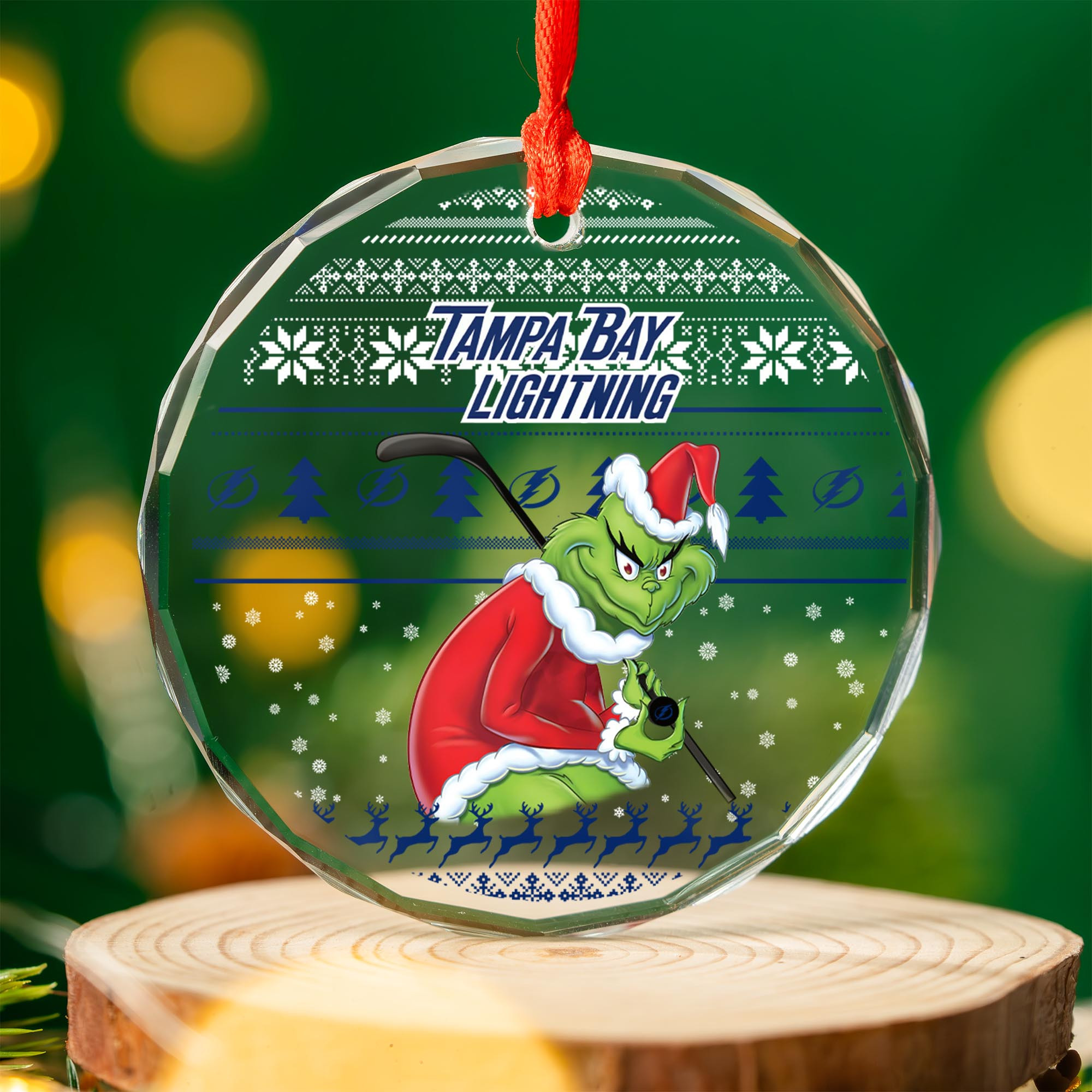 Sportswearmerch Tampa Bay Lightning NHL x Grinch Christmas Glass Ornament For Fans
