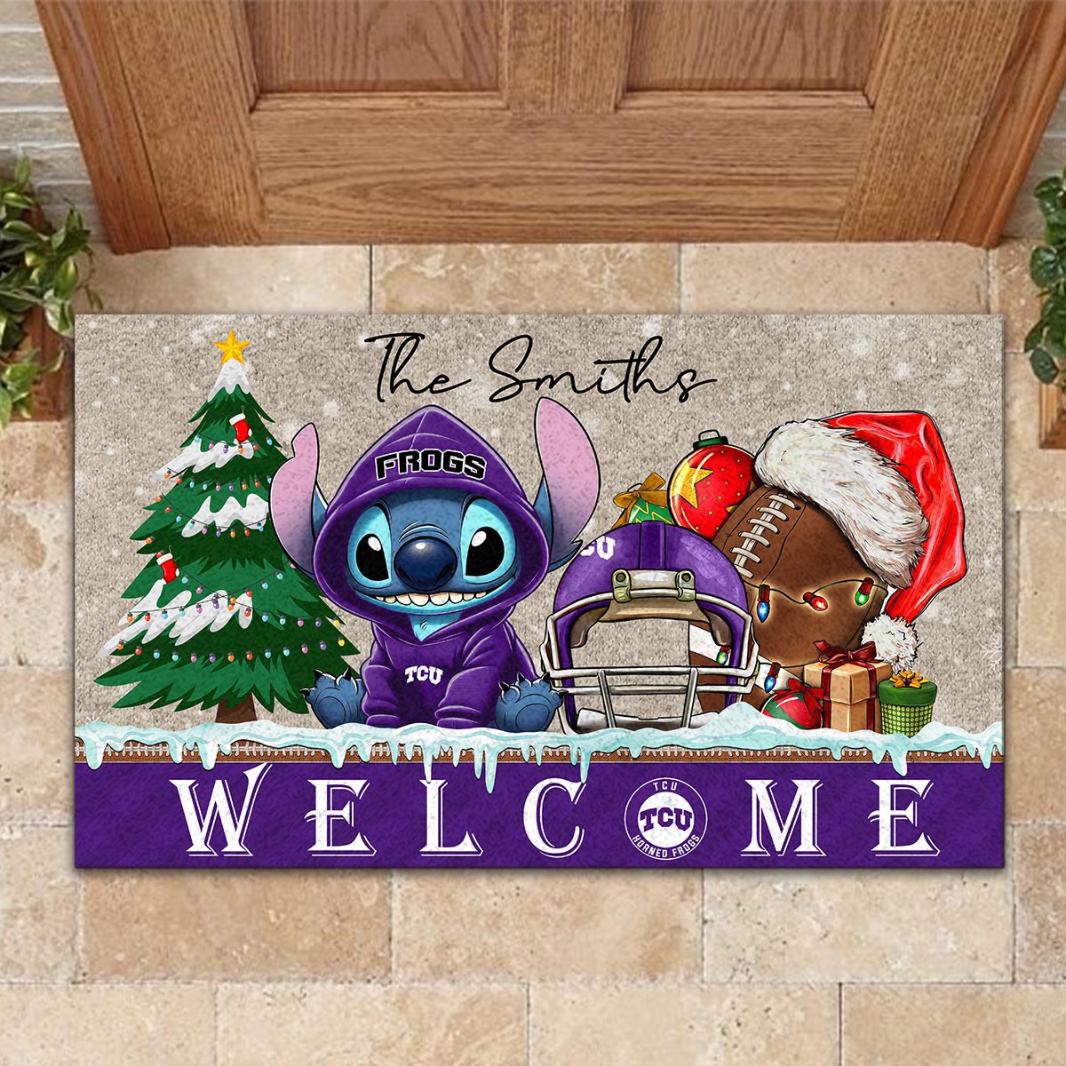 Sportswearmerch Tcu Horned Frogs NCAA x Cute Stitch Christmas Doormat For Fan