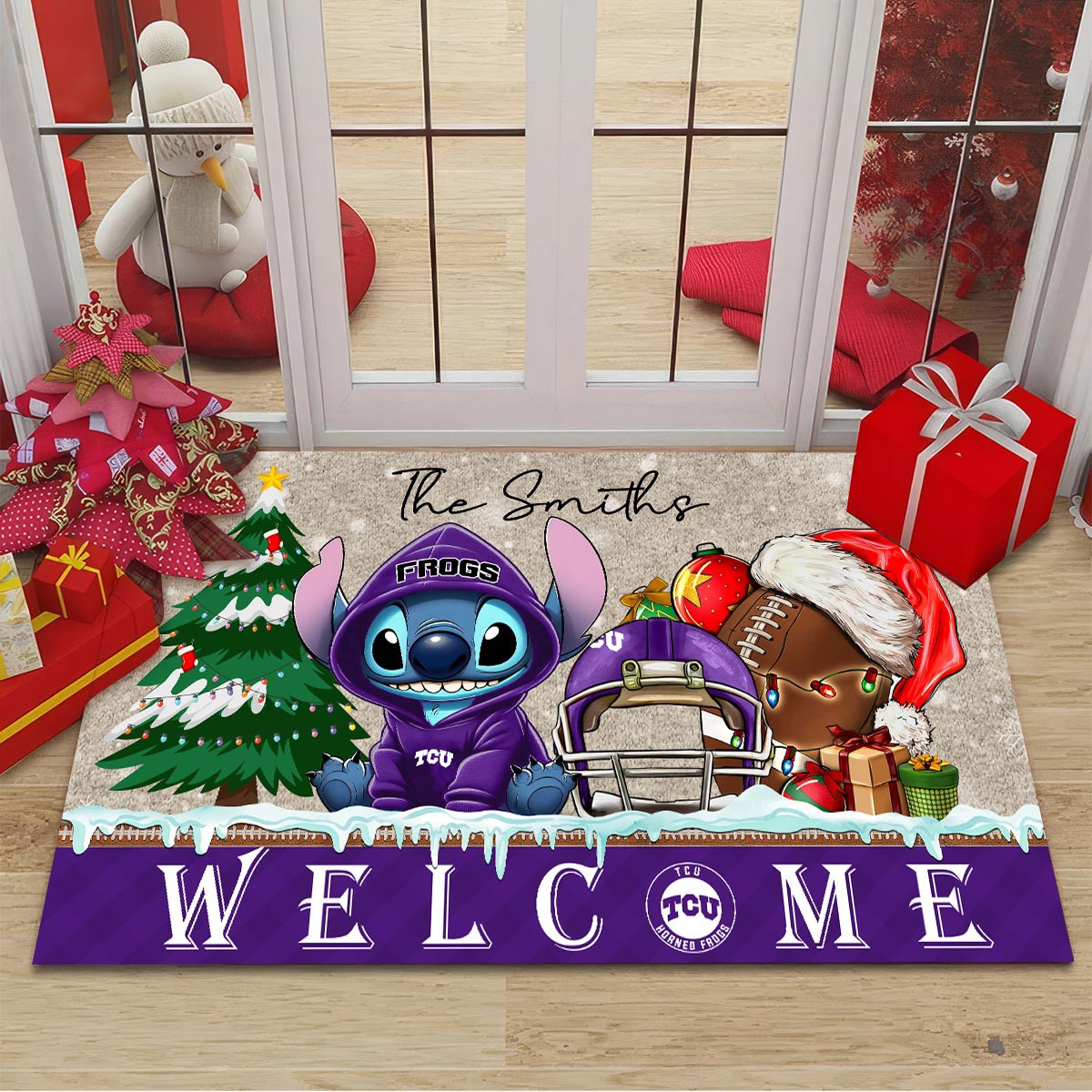 Sportswearmerch Tcu Horned Frogs NCAA x Cute Stitch Christmas Doormat For Fan