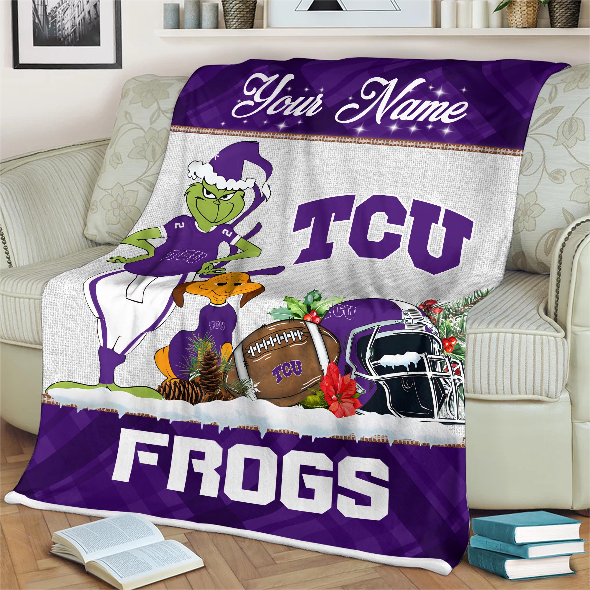 Sportswearmerch TCU Horned Frogs NCAA x Grinch Christmas Fleece Blanket For Fan