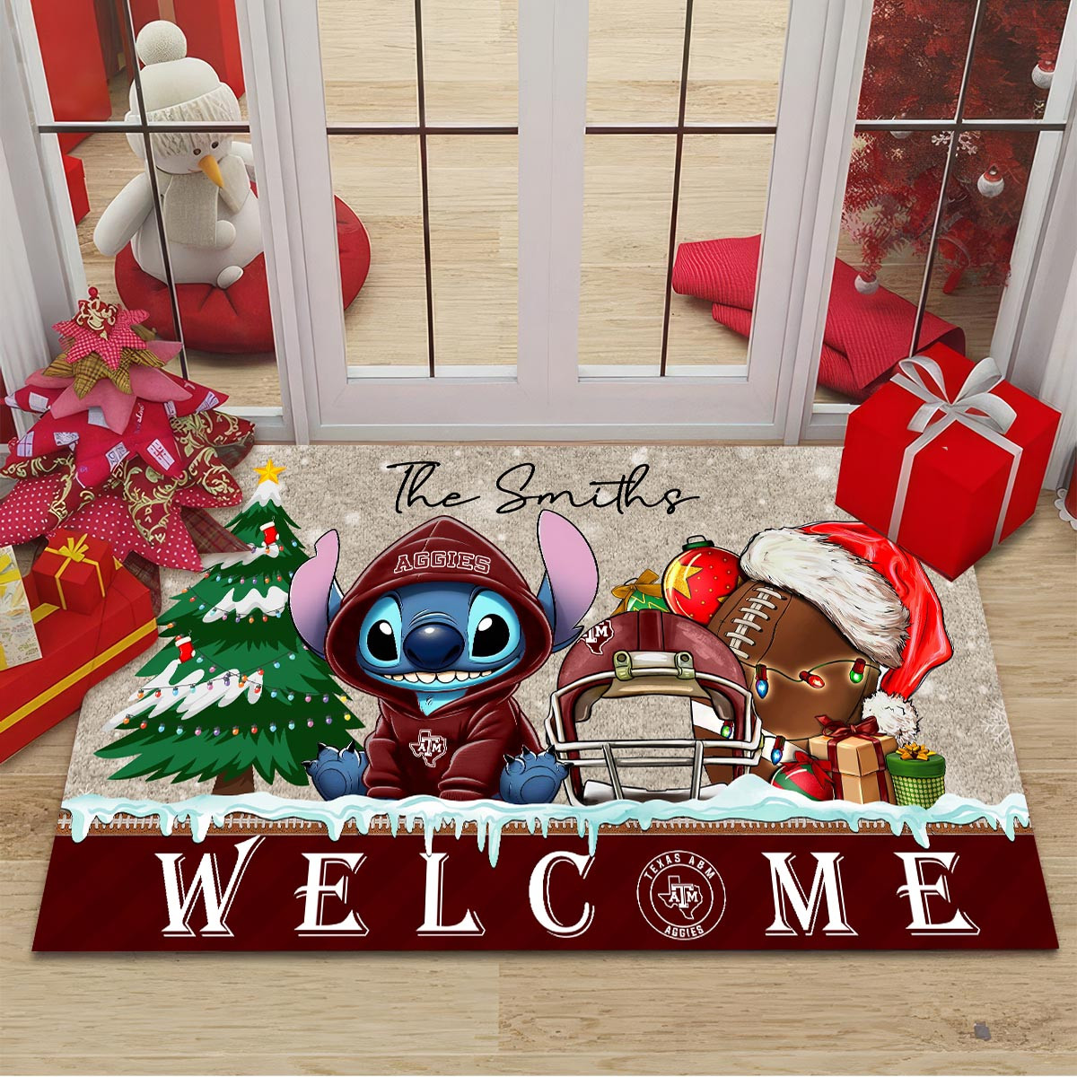 Sportswearmerch Texas A&M Aggies NCAA x Cute Stitch Christmas Doormat For Fan