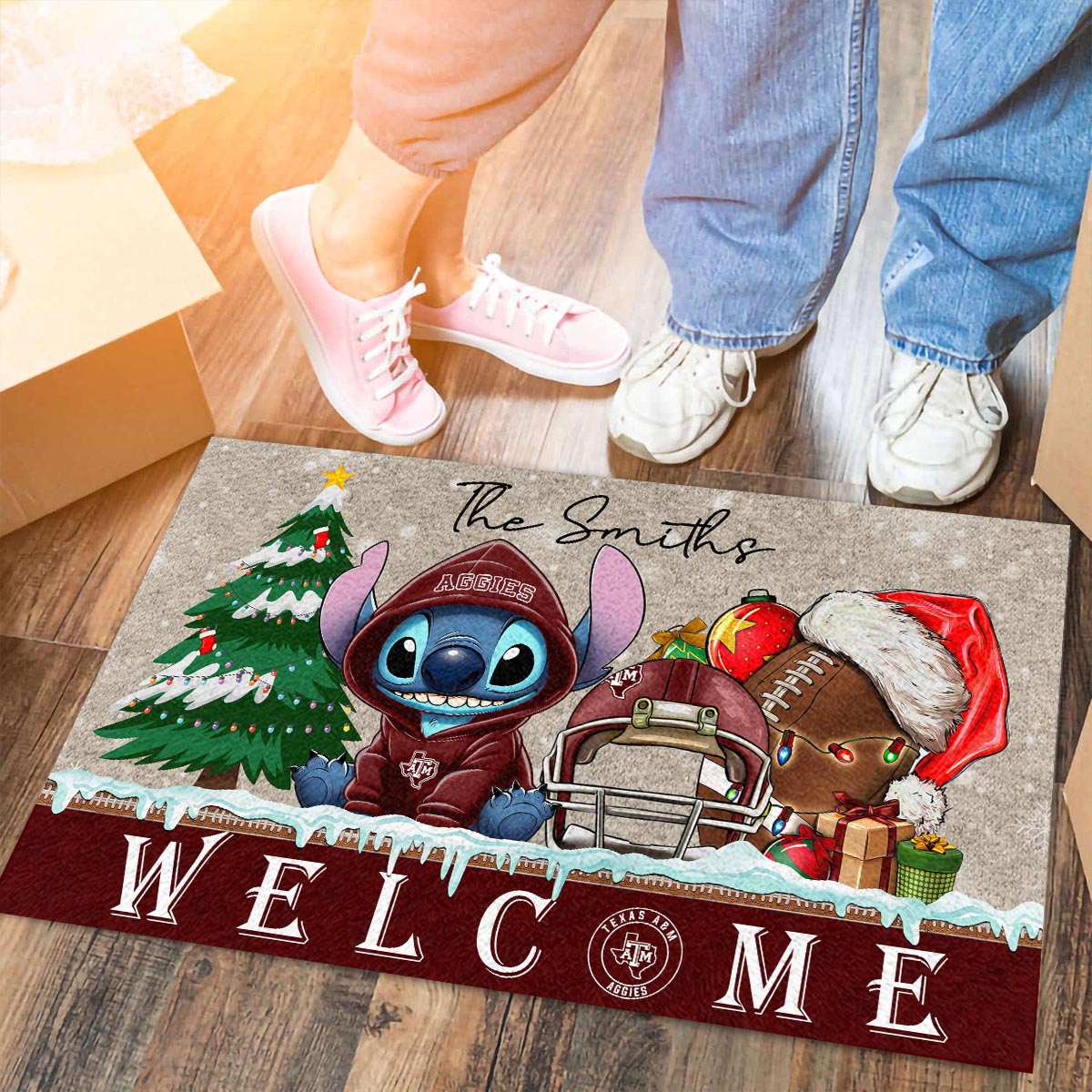 Sportswearmerch Texas A&M Aggies NCAA x Cute Stitch Christmas Doormat For Fan