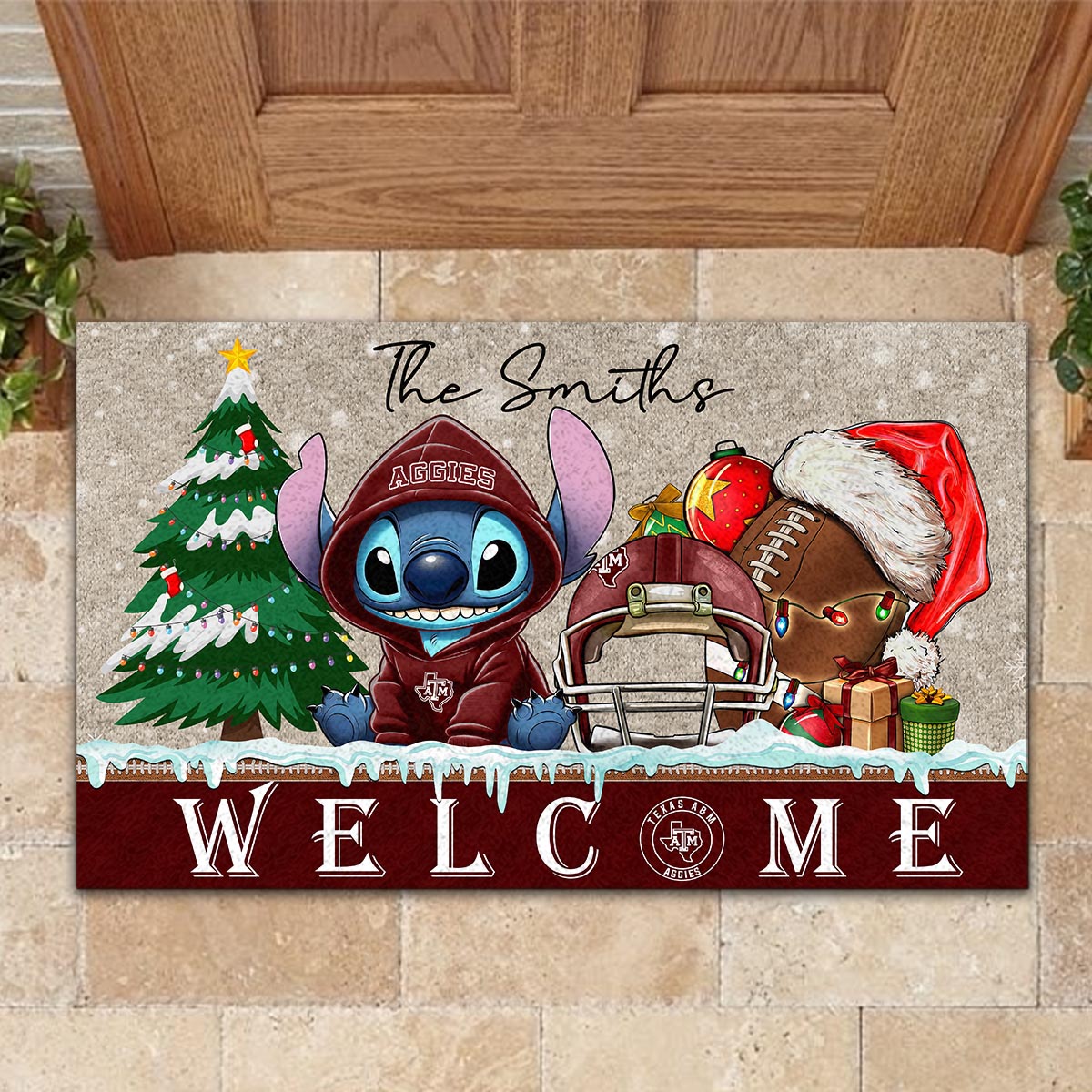 Sportswearmerch Texas A&M Aggies NCAA x Cute Stitch Christmas Doormat For Fan