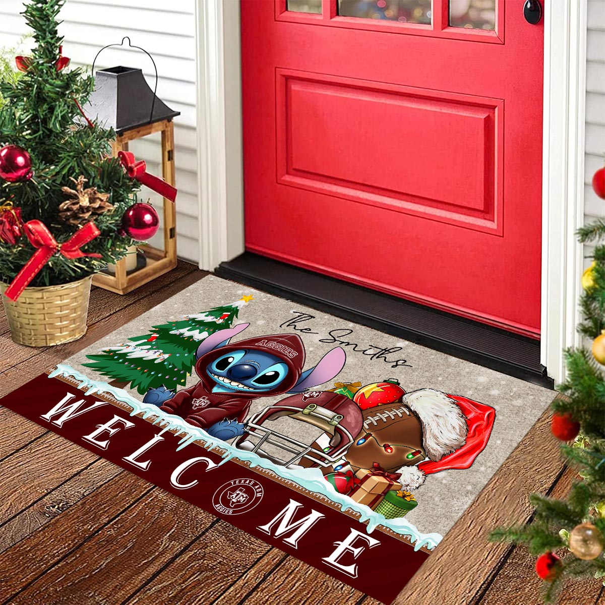 Sportswearmerch Texas A&M Aggies NCAA x Cute Stitch Christmas Doormat For Fan