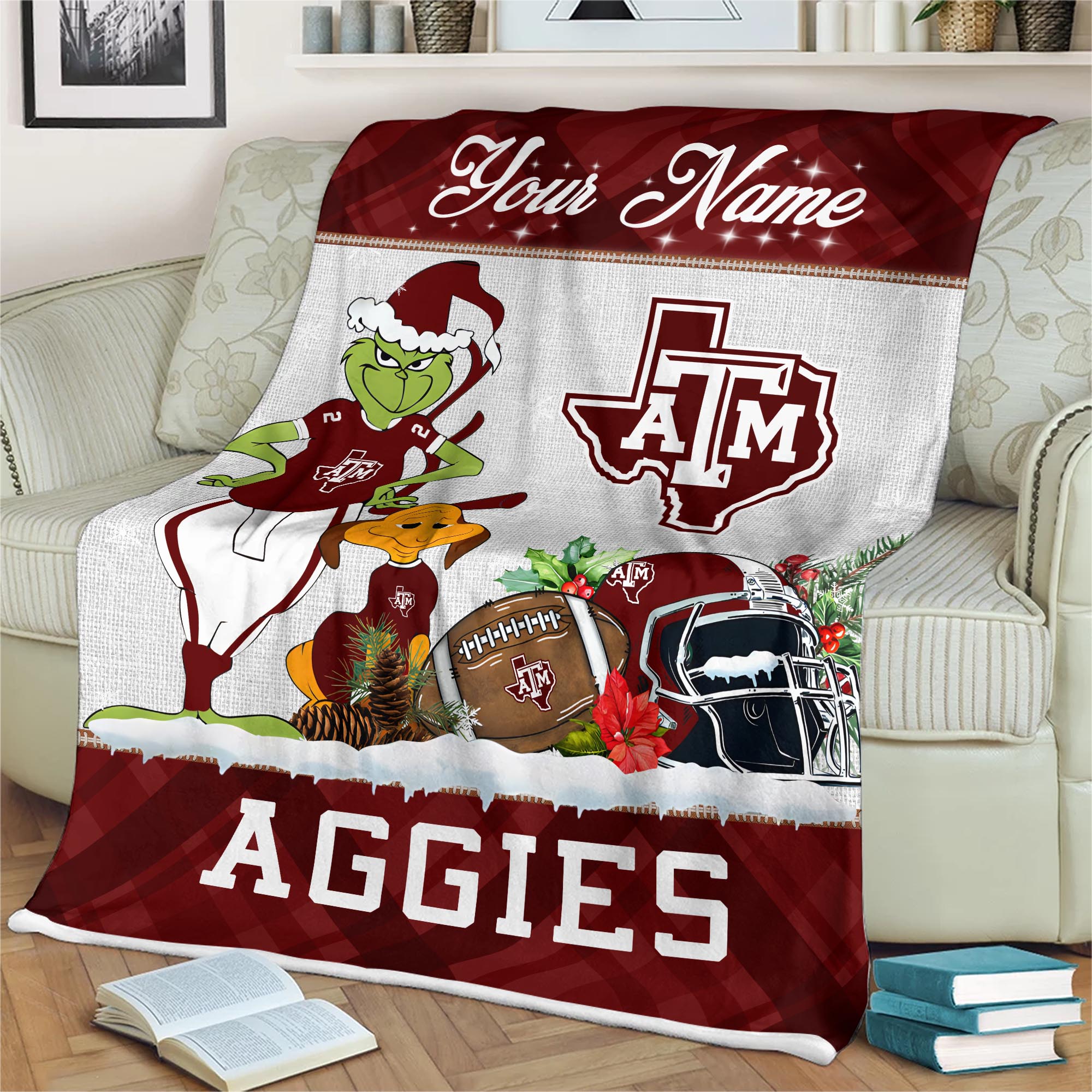 Sportswearmerch Texas A&M Aggies NCAA x Grinch Christmas Fleece Blanket For Fan