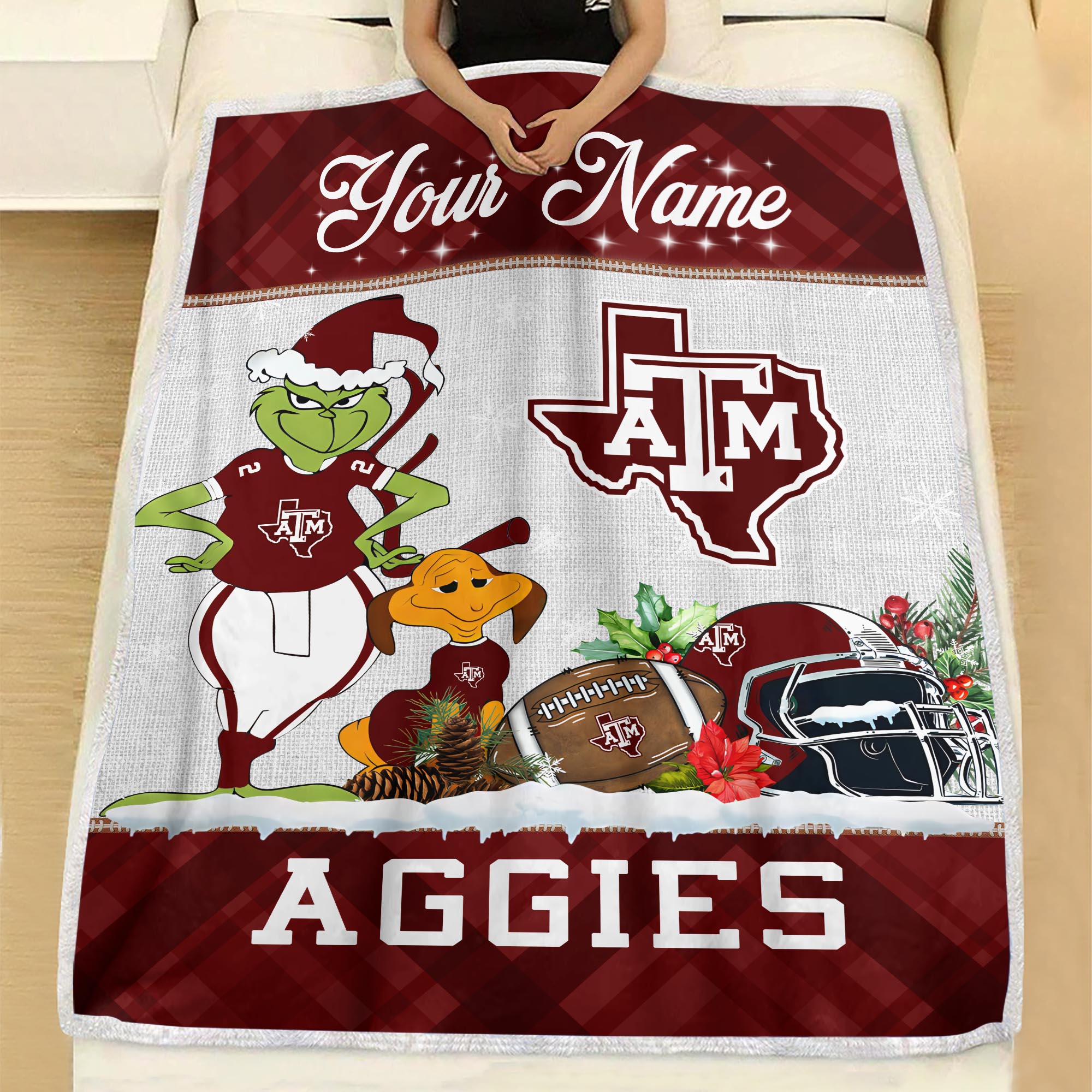 Sportswearmerch Texas A&M Aggies NCAA x Grinch Christmas Fleece Blanket For Fan