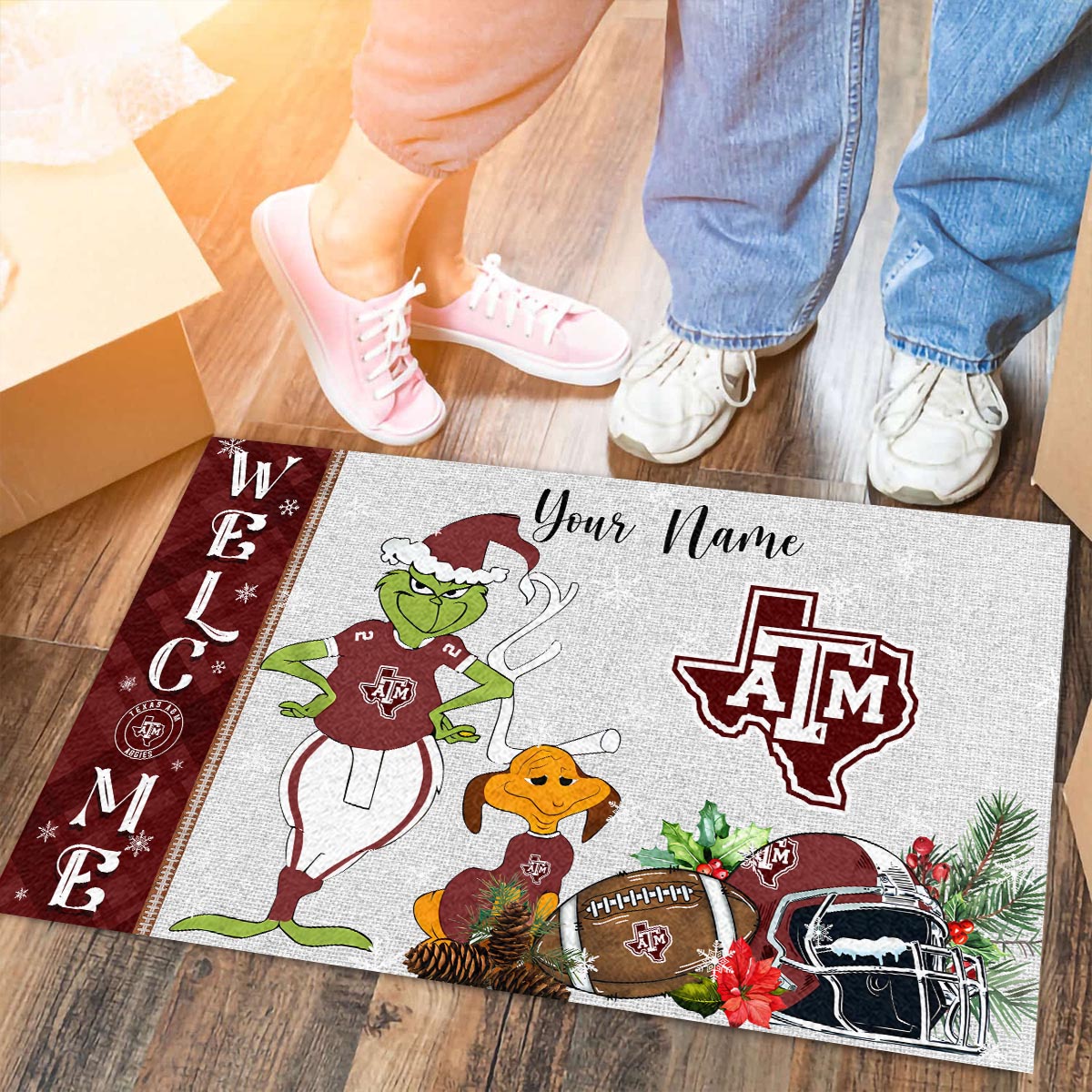 Sportswearmerch Texas A&M Aggies NCAA x Grinch Christmas Welcome Football Doormat For Fan