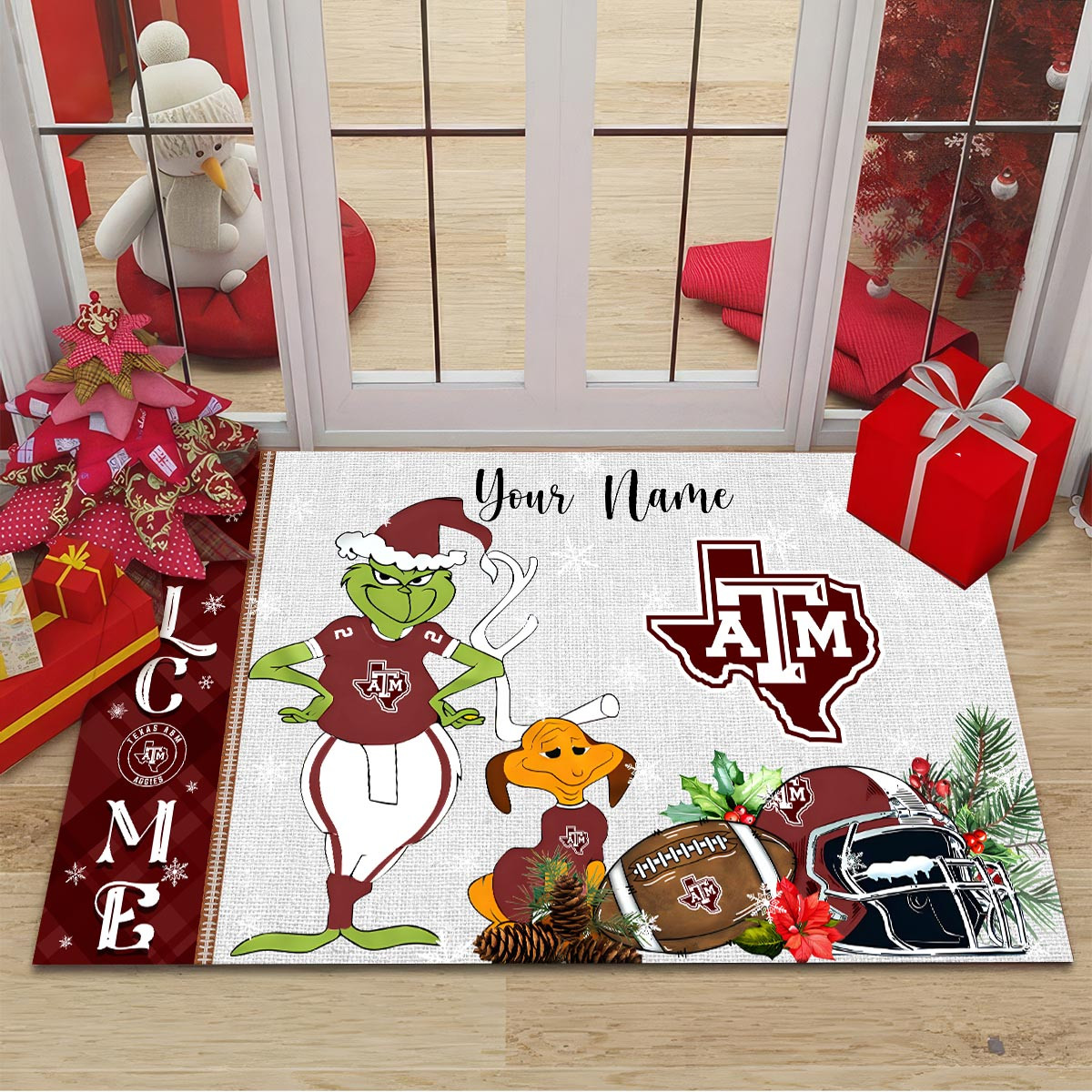 Sportswearmerch Texas A&M Aggies NCAA x Grinch Christmas Welcome Football Doormat For Fan