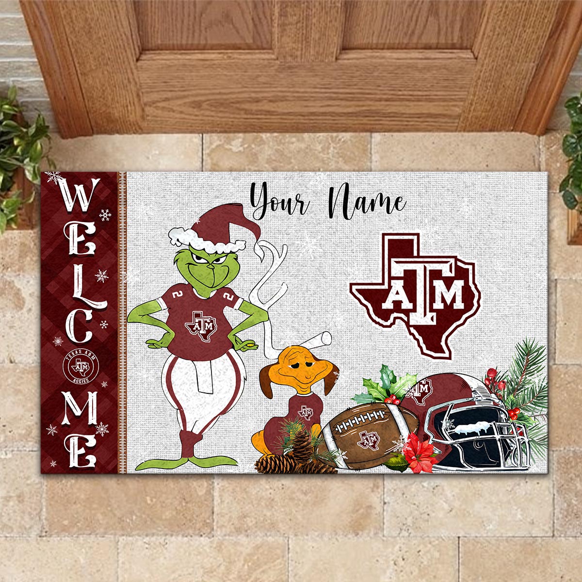 Sportswearmerch Texas A&M Aggies NCAA x Grinch Christmas Welcome Football Doormat For Fan