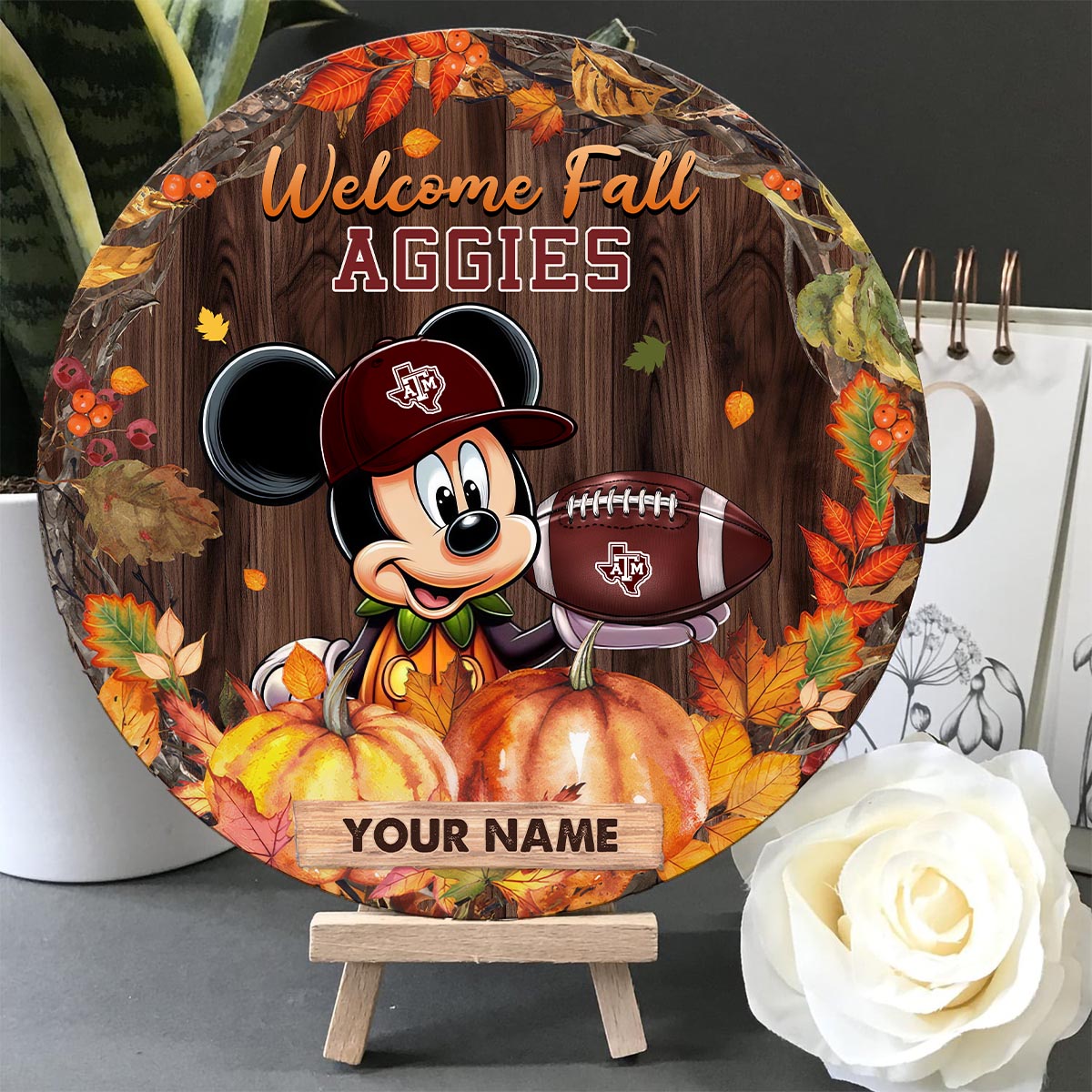 Sportswearmerch Texas A&M Aggies NCAA x Mickey Round Wooden Sign For Fan