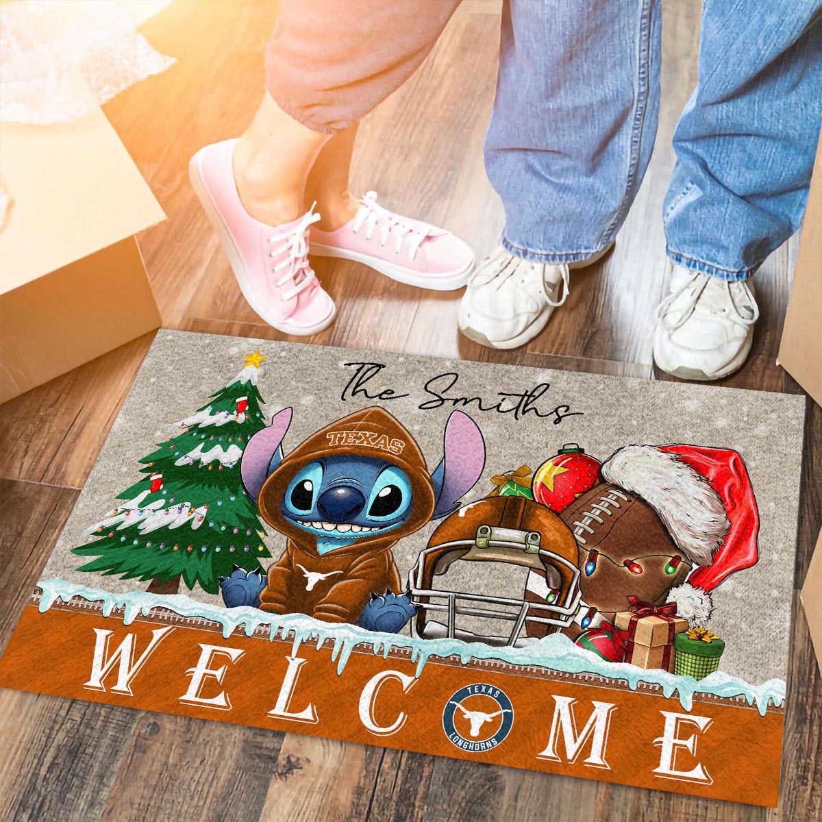 Sportswearmerch Texas Longhorns NCAA x Cute Stitch Christmas Doormat For Fan