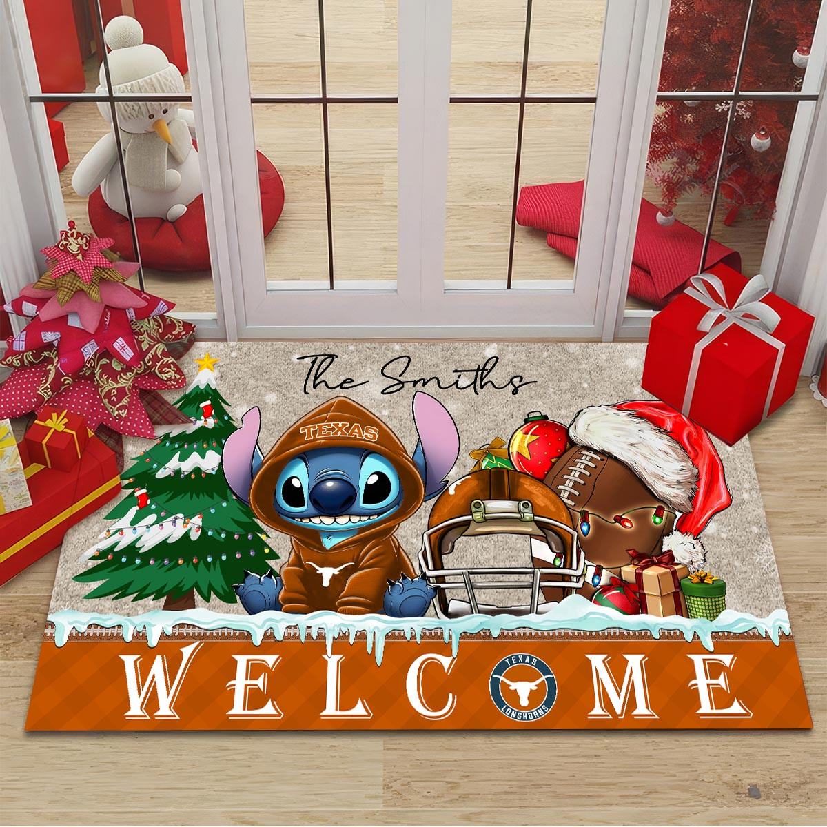 Sportswearmerch Texas Longhorns NCAA x Cute Stitch Christmas Doormat For Fan