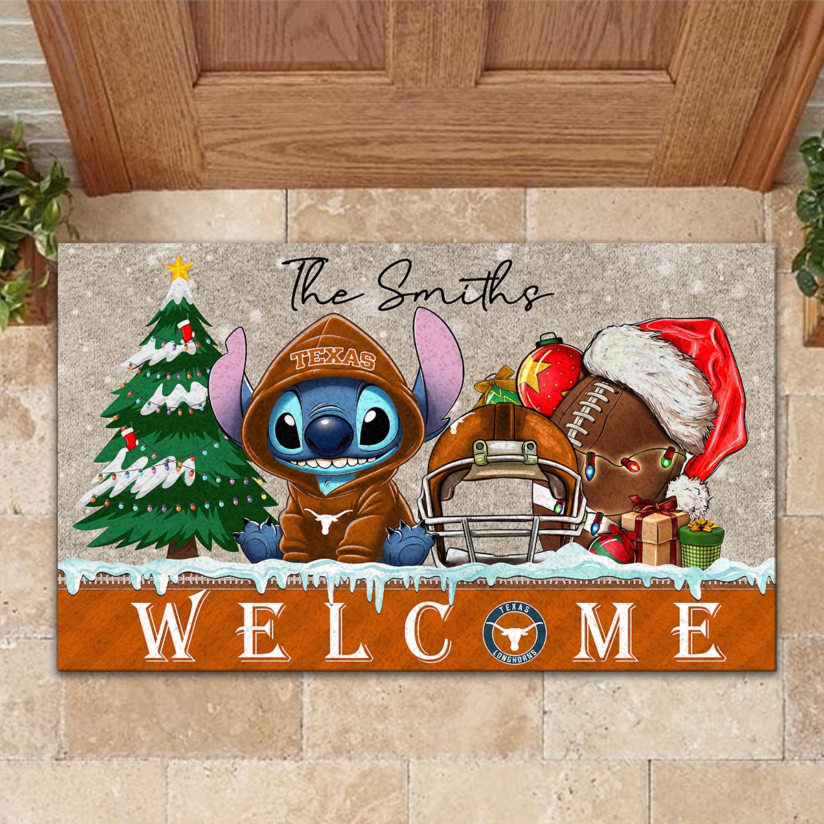 Sportswearmerch Texas Longhorns NCAA x Cute Stitch Christmas Doormat For Fan