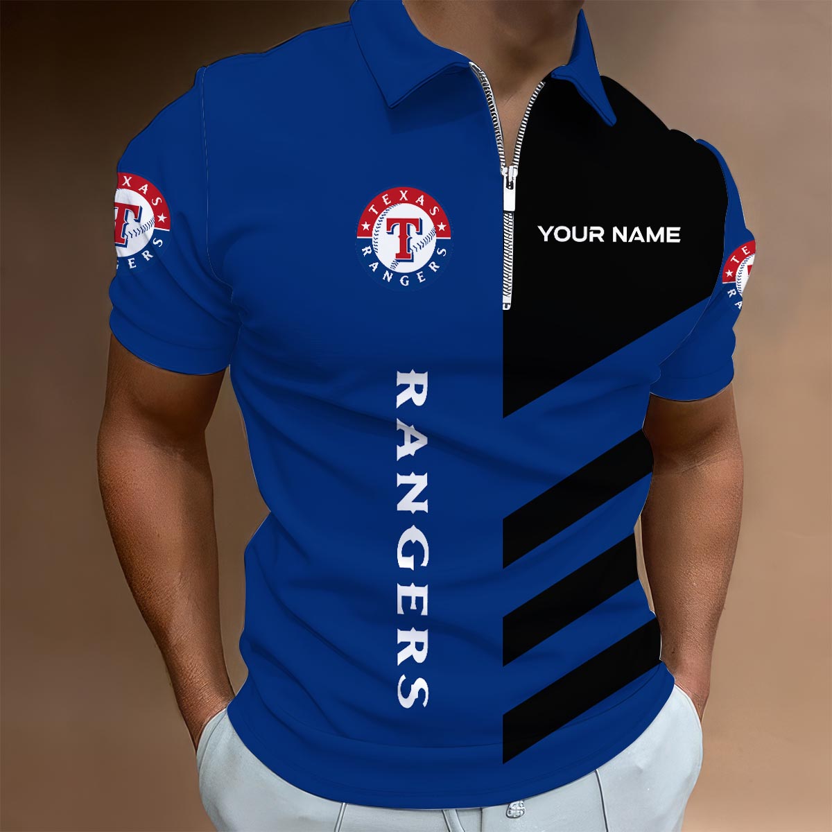 Sportswearmerch Texas Rangers MLB Lapel Zip Polo Shirt For Fan