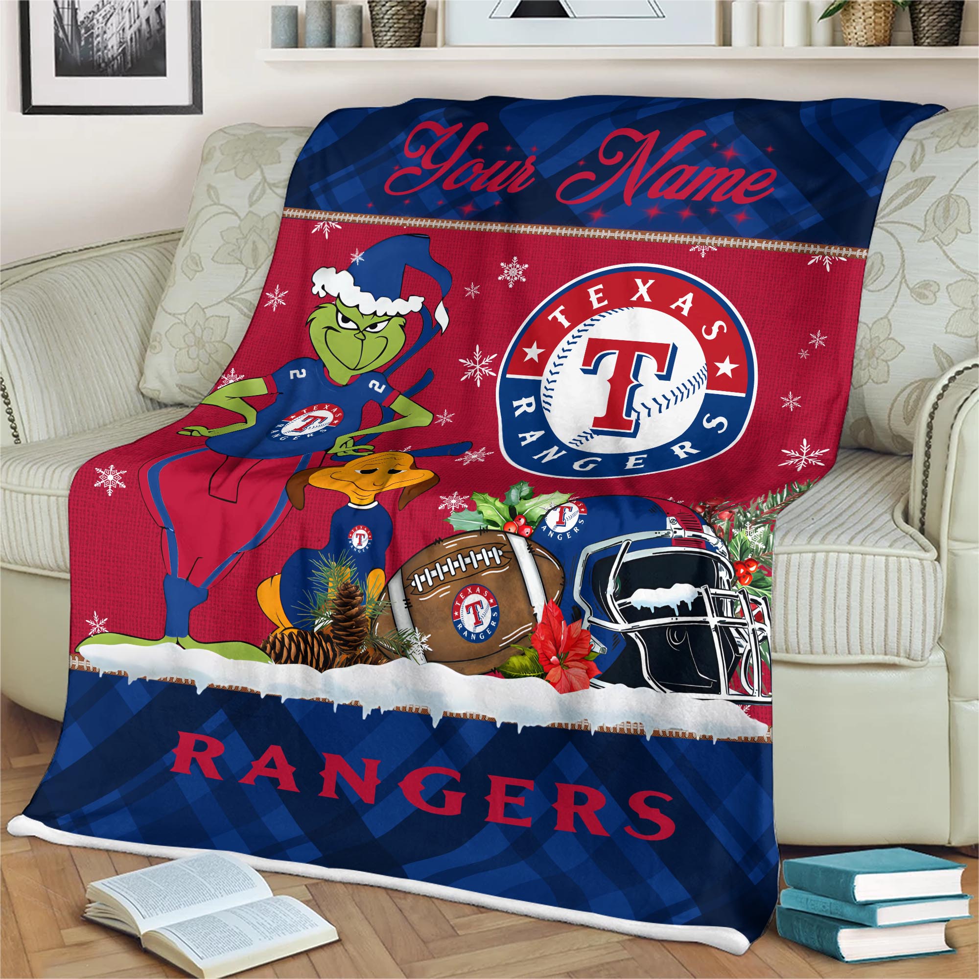 Sportswearmerch Texas Rangers MLB x Grinch Christmas Fleece Blanket For Fan