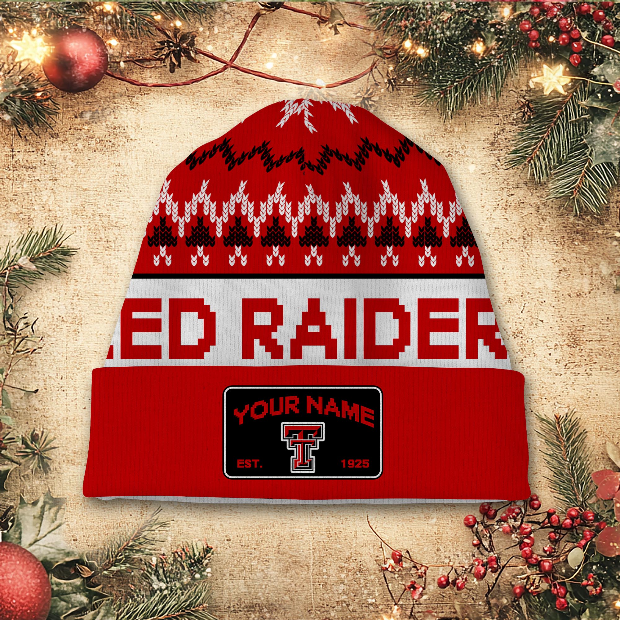 Sportswearmerch Texas Tech Red Raiders NCAA Christmas Beanie Hat For Fan