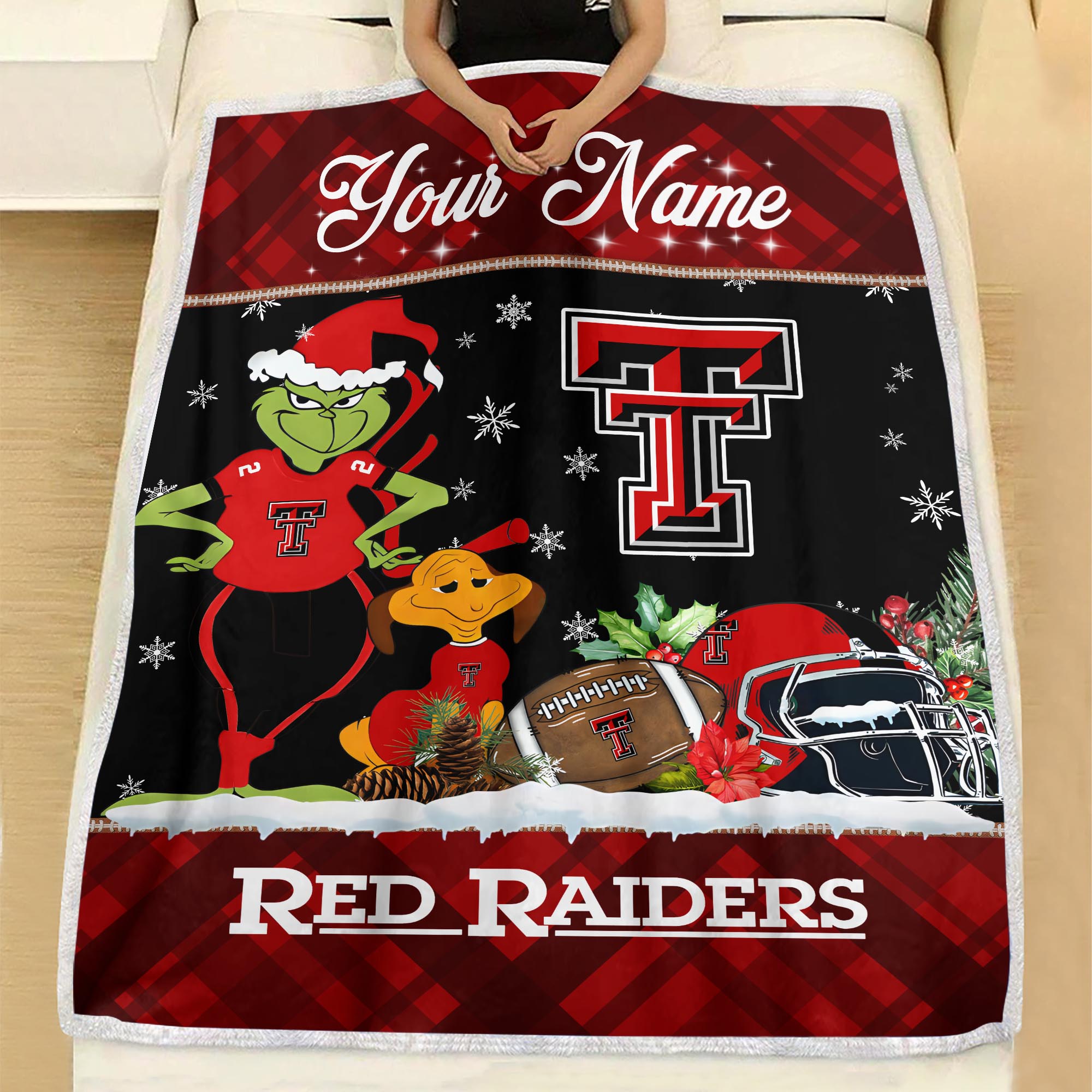 Sportswearmerch Texas Tech Red Raiders NCAA x Grinch Christmas Fleece Blanket For Fan