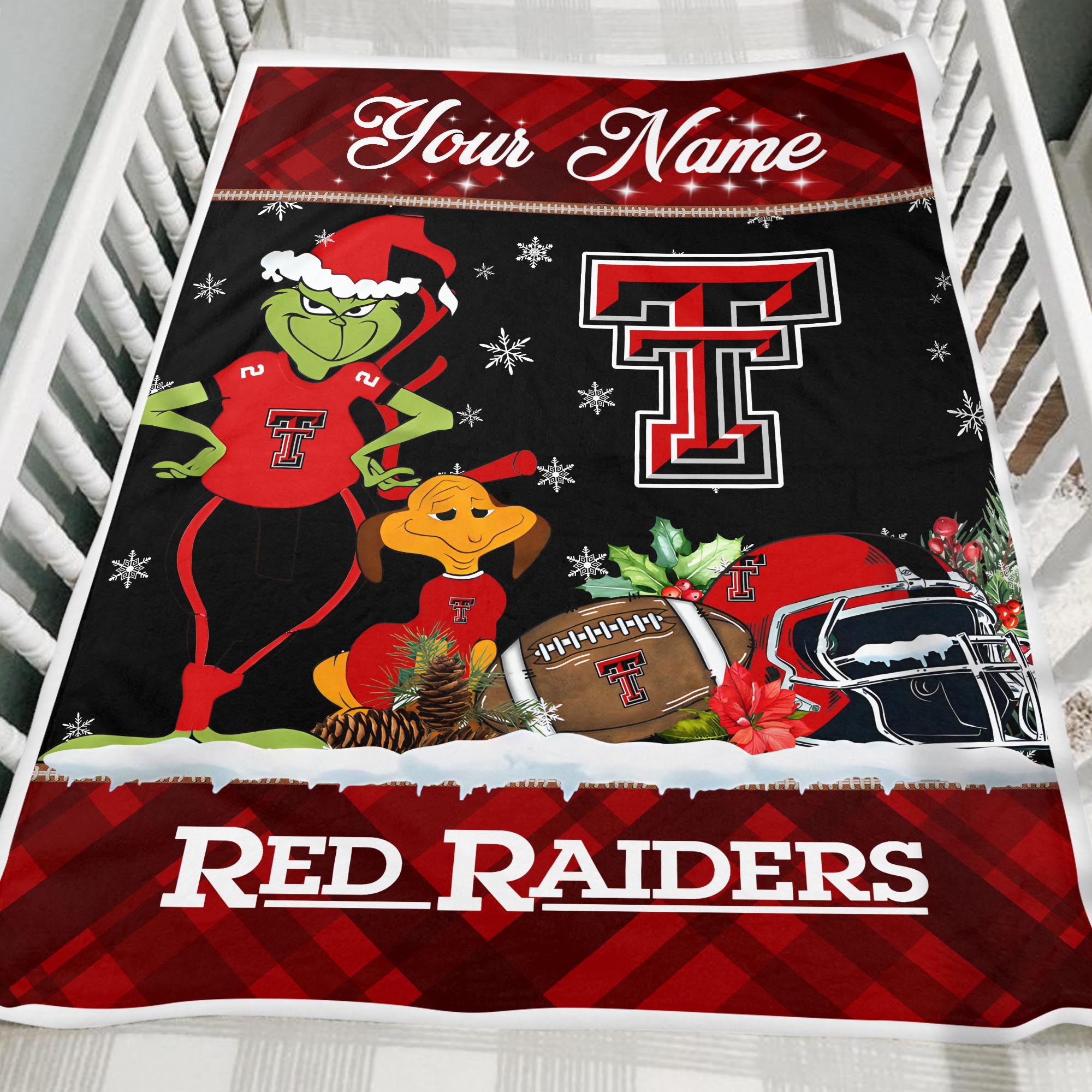 Sportswearmerch Texas Tech Red Raiders NCAA x Grinch Christmas Fleece Blanket For Fan