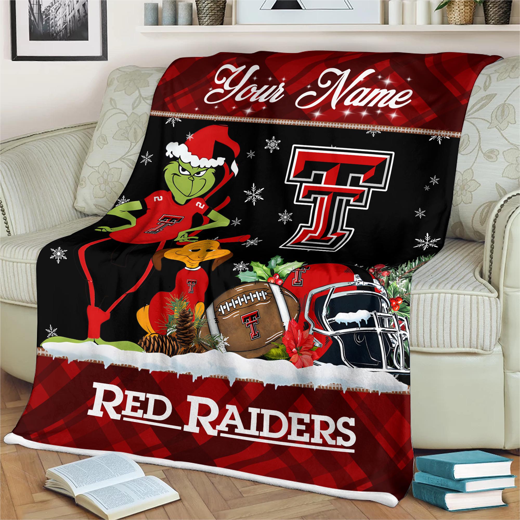 Sportswearmerch Texas Tech Red Raiders NCAA x Grinch Christmas Fleece Blanket For Fan