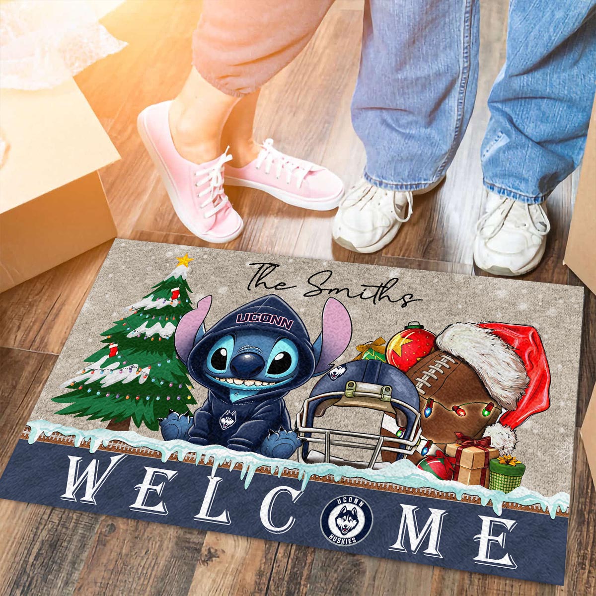 Sportswearmerch Uconn Huskies NCAA x Cute Stitch Christmas Doormat For Fan