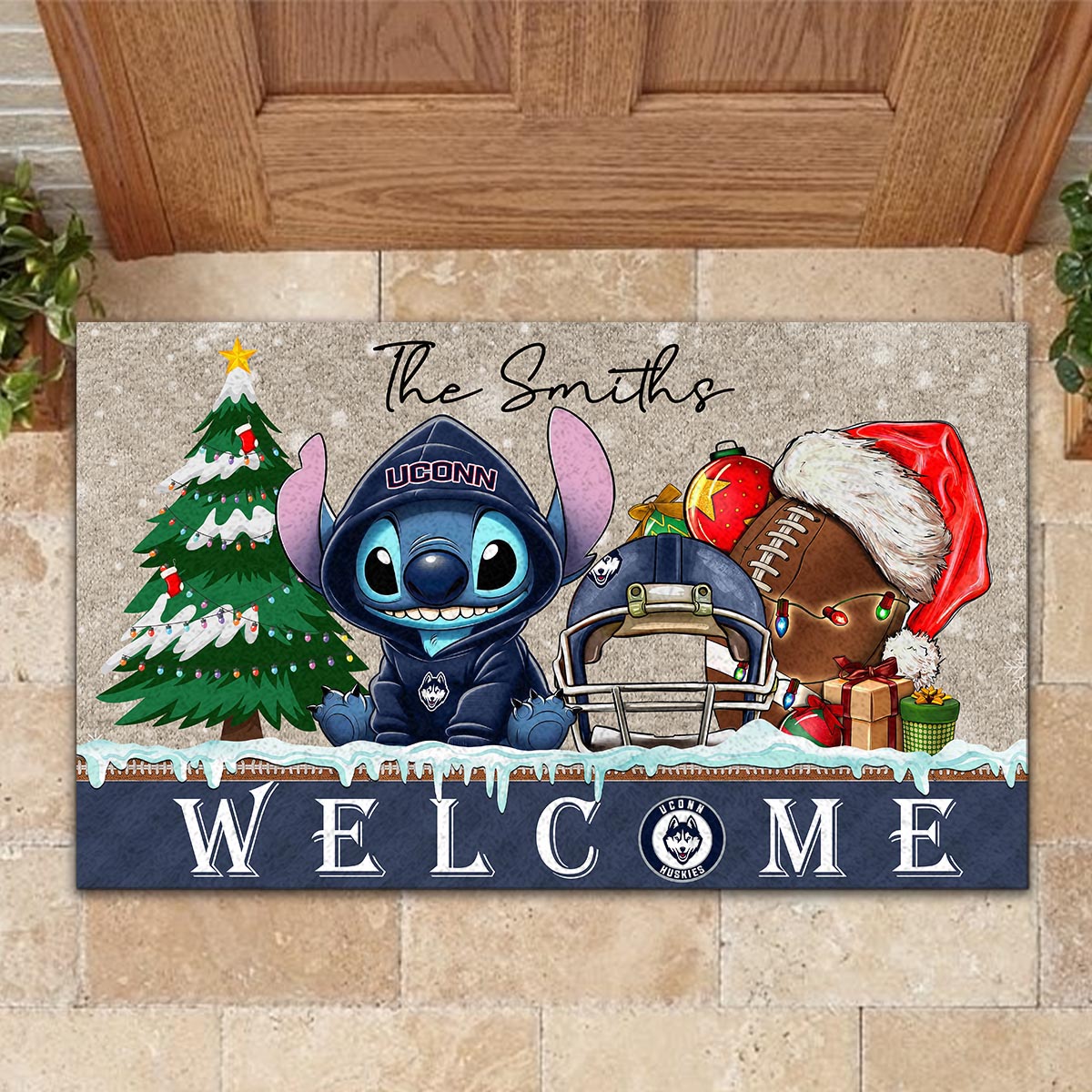 Sportswearmerch Uconn Huskies NCAA x Cute Stitch Christmas Doormat For Fan
