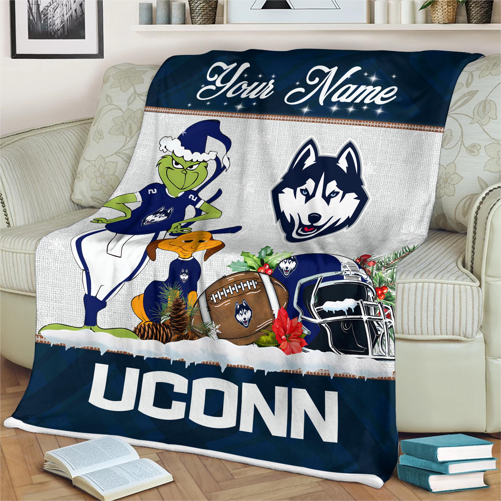 Sportswearmerch Uconn Huskies NCAA x Grinch Christmas Fleece Blanket For Fan