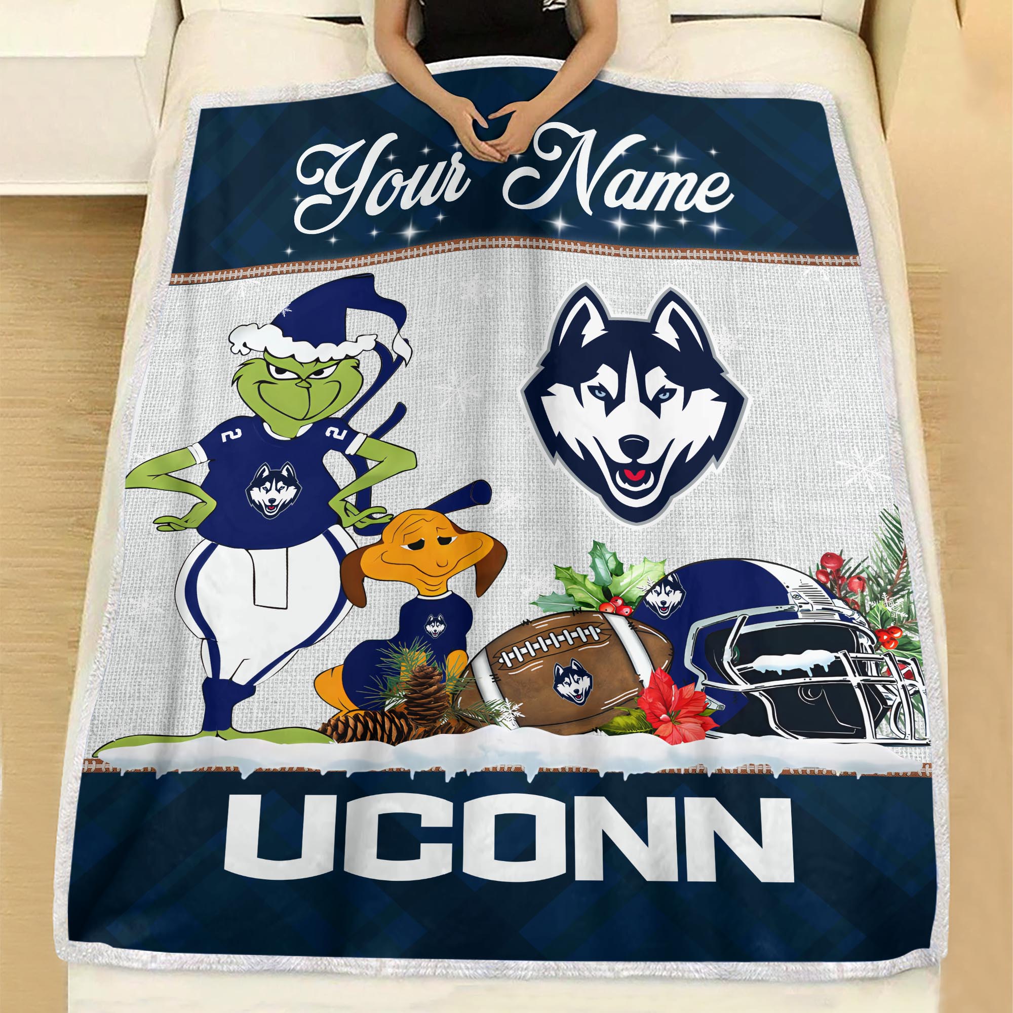 Sportswearmerch Uconn Huskies NCAA x Grinch Christmas Fleece Blanket For Fan
